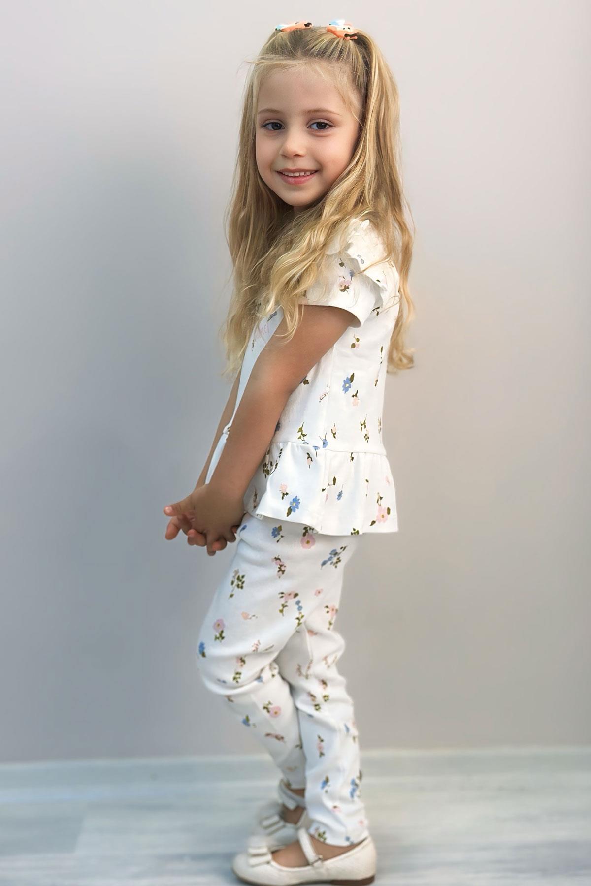 Breeze Kız Çocuk Taytlı Takım Çiçek Desenli Kolları Fırfır Detaylı Ekru (2-6 Yaş)