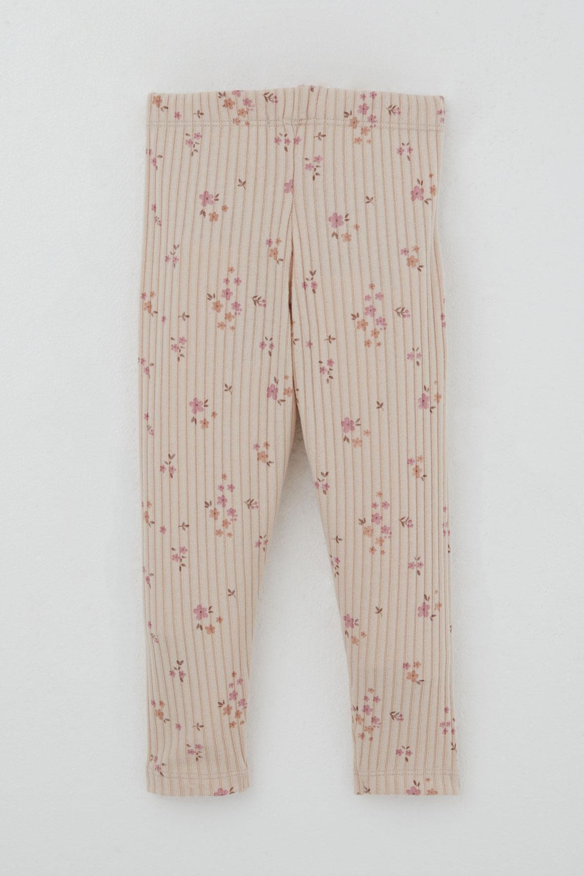 Breeze Kız Çocuk Taytlı Takım Çiçek Desenli Omuzu Fırfır Detaylı Pudra (2-6 Yaş)