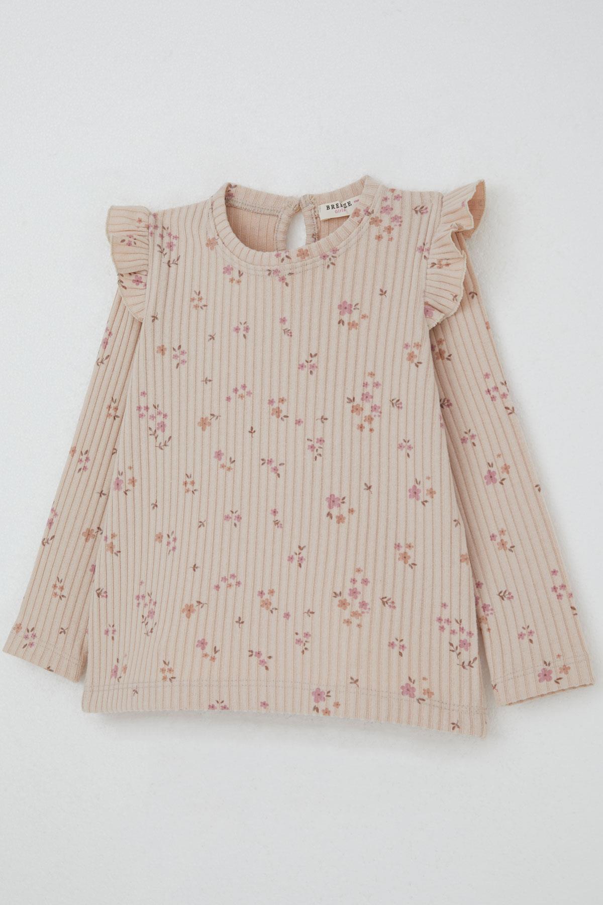 Breeze Kız Çocuk Taytlı Takım Çiçek Desenli Omuzu Fırfır Detaylı Pudra (2-6 Yaş)