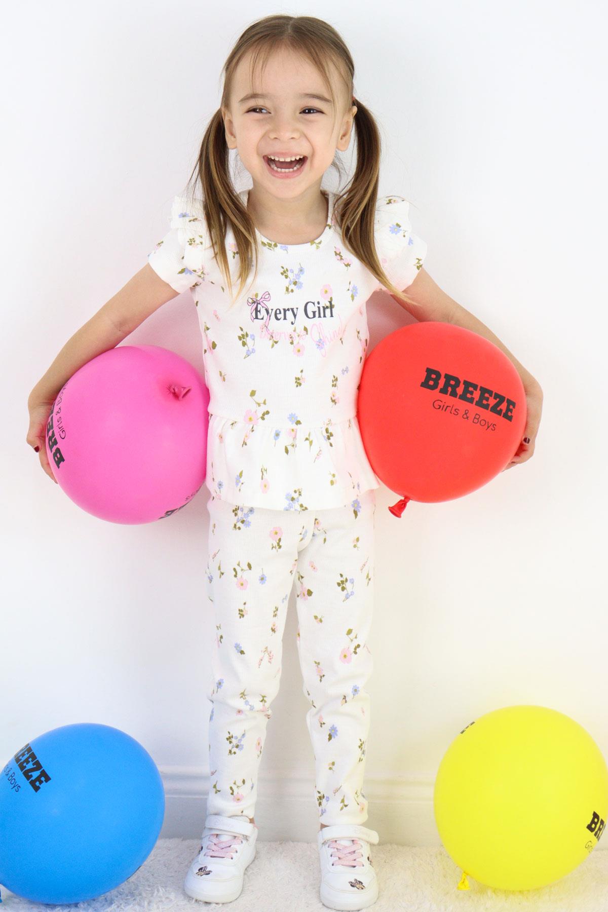 Breeze Kız Çocuk Taytlı Takım Çiçek Desenli Kolları Fırfır Detaylı Ekru (2-6 Yaş)