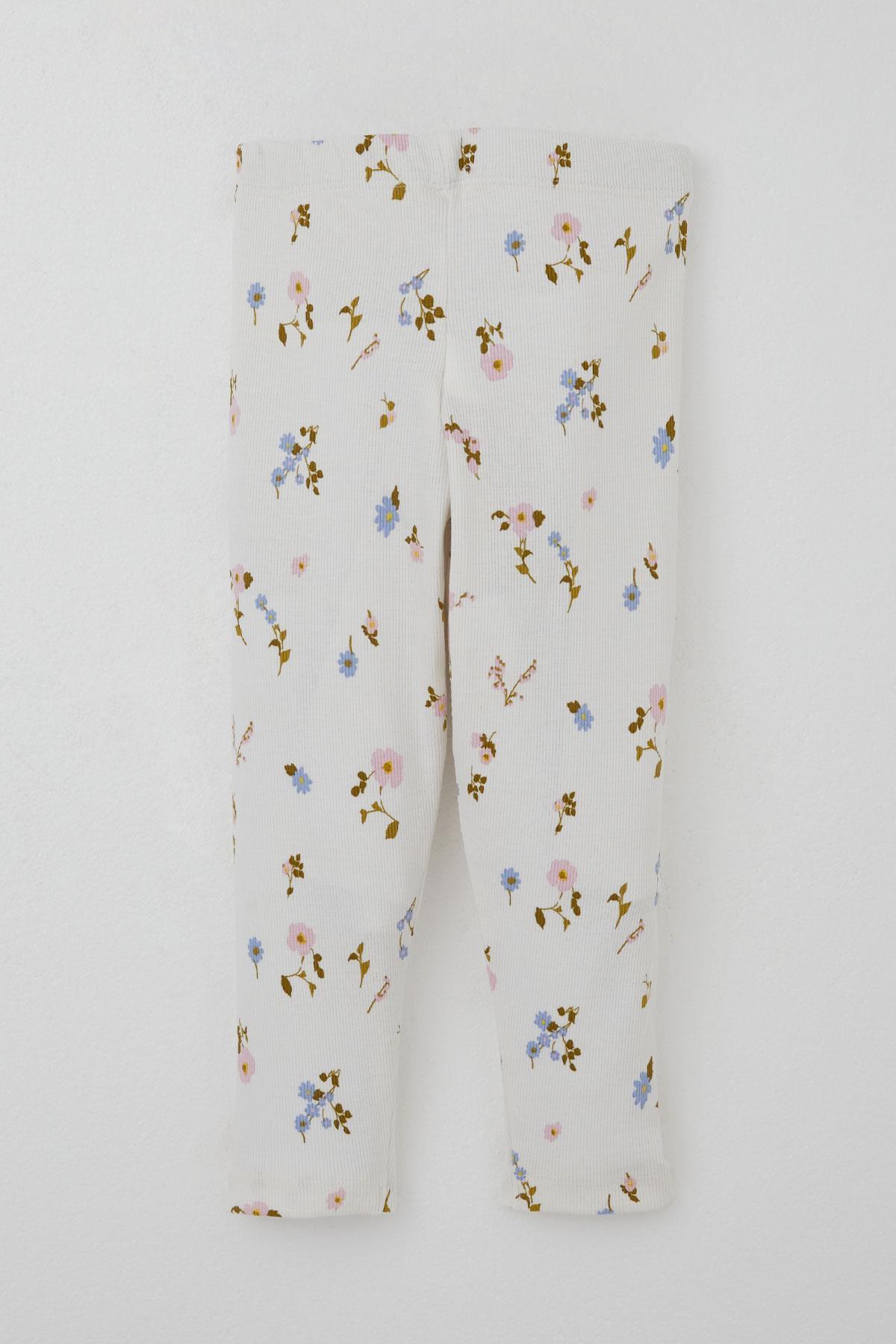 Breeze Kız Çocuk Taytlı Takım Çiçek Desenli Kolları Fırfır Detaylı Ekru (2-6 Yaş)