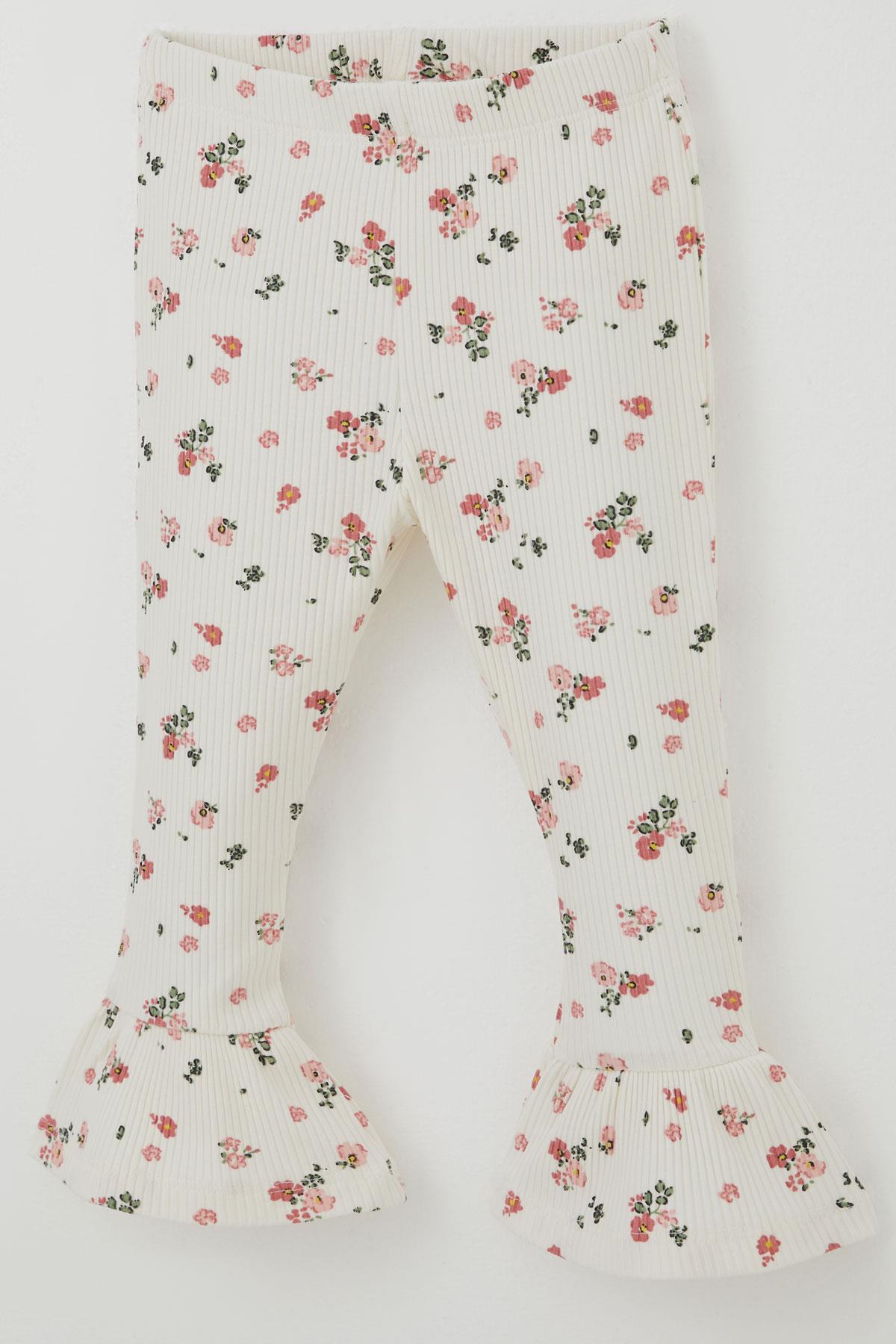 Breeze Kız Çocuk Taytlı Takım Çiçek Desenli Paça Kısmı Fırfır Detaylı Ekru (3-7 Yaş)