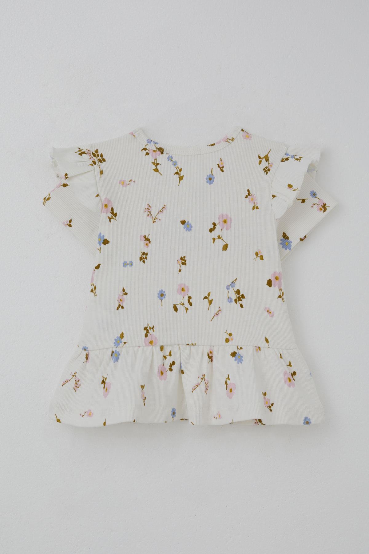 Breeze Kız Çocuk Taytlı Takım Çiçek Desenli Kolları Fırfır Detaylı Ekru (2-6 Yaş)