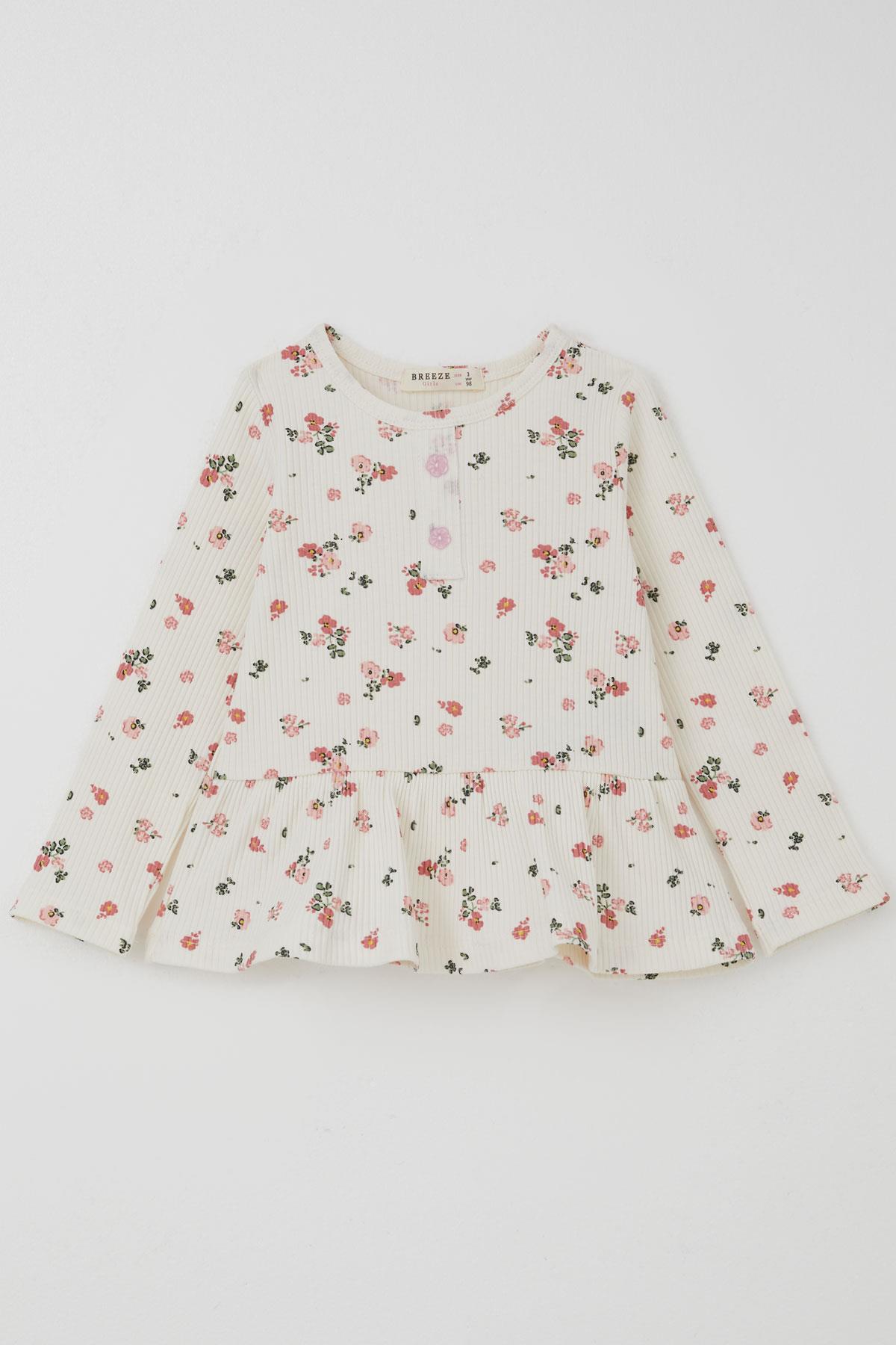Breeze Kız Çocuk Taytlı Takım Çiçek Desenli Paça Kısmı Fırfır Detaylı Ekru (3-7 Yaş)