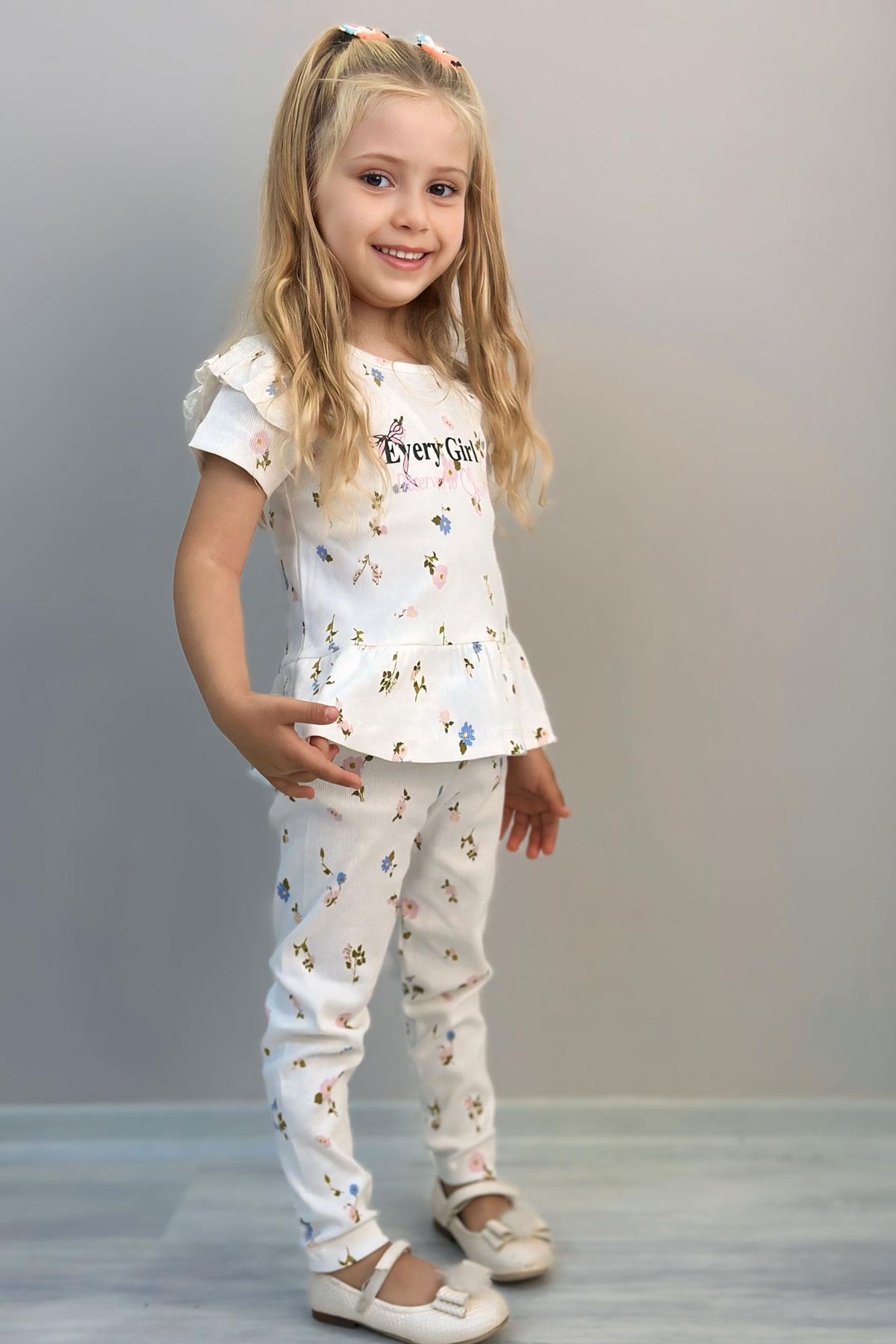 Breeze Kız Çocuk Taytlı Takım Çiçek Desenli Kolları Fırfır Detaylı Ekru (2-6 Yaş)