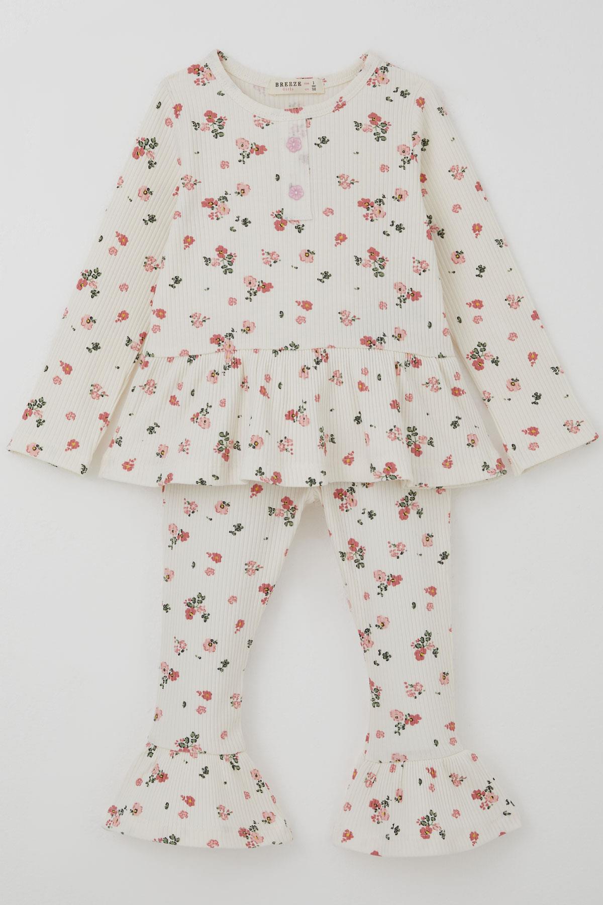 Breeze Kız Çocuk Taytlı Takım Çiçek Desenli Paça Kısmı Fırfır Detaylı Ekru (3-7 Yaş)