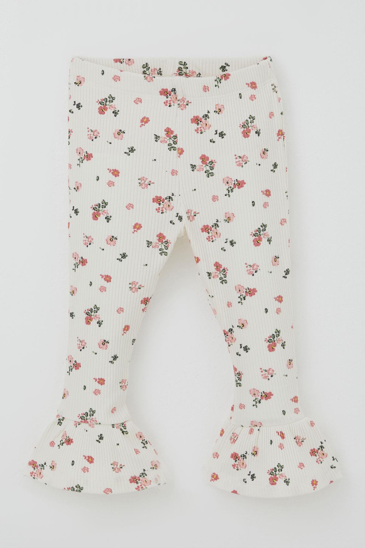Breeze Kız Çocuk Taytlı Takım Çiçek Desenli Paça Kısmı Fırfır Detaylı Ekru (3-7 Yaş)