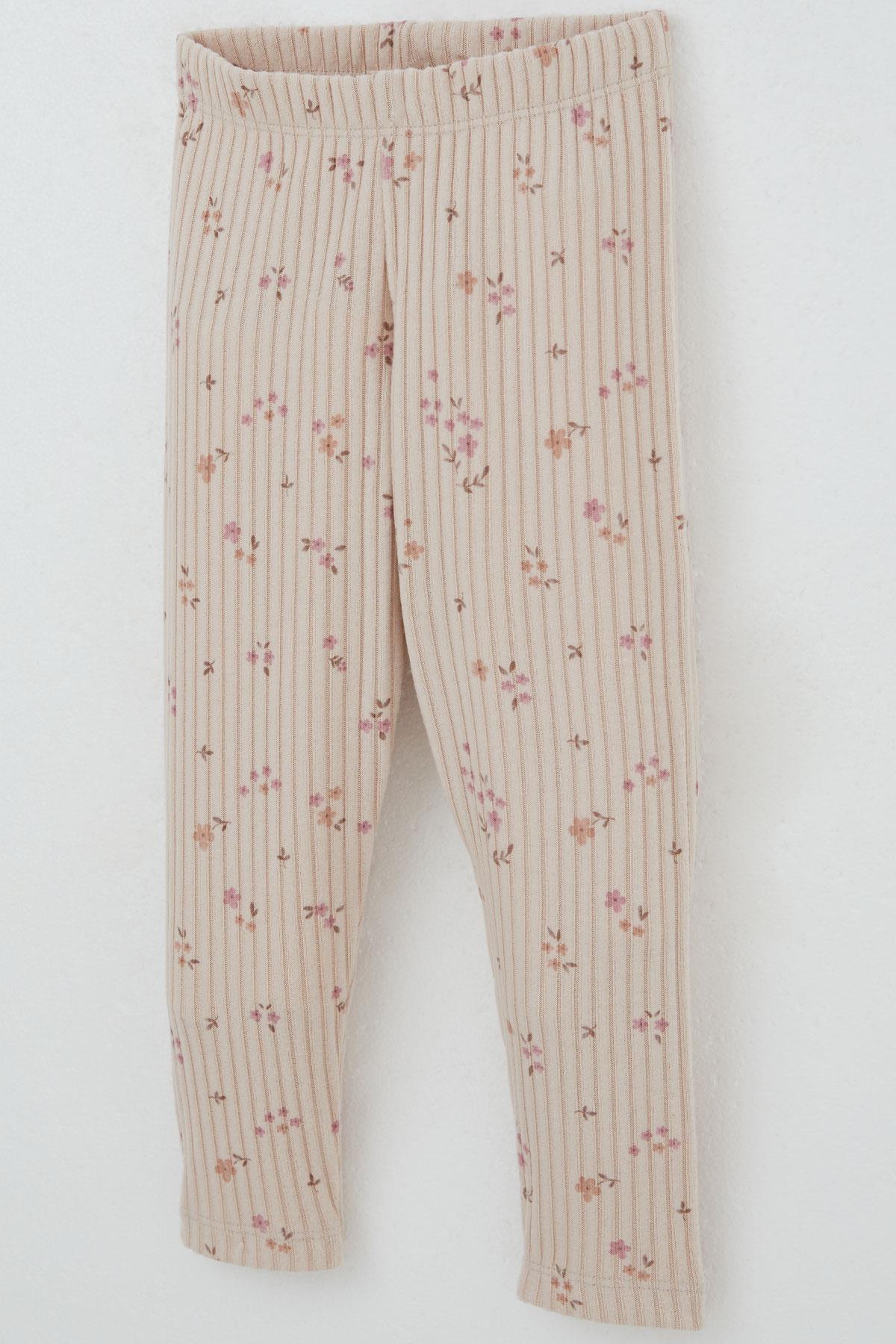 Breeze Kız Çocuk Taytlı Takım Çiçek Desenli Omuzu Fırfır Detaylı Pudra (2-6 Yaş)