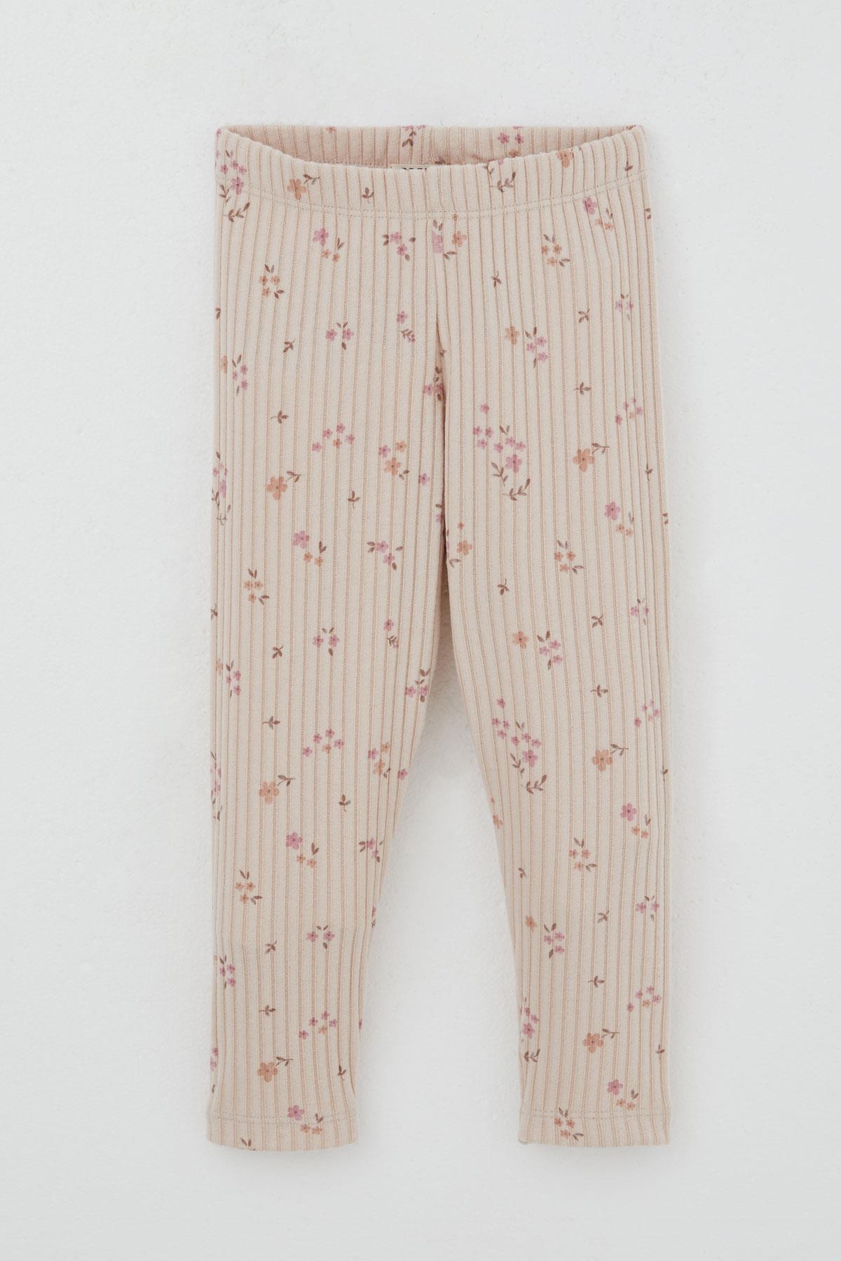 Breeze Kız Çocuk Taytlı Takım Çiçek Desenli Omuzu Fırfır Detaylı Pudra (2-6 Yaş)