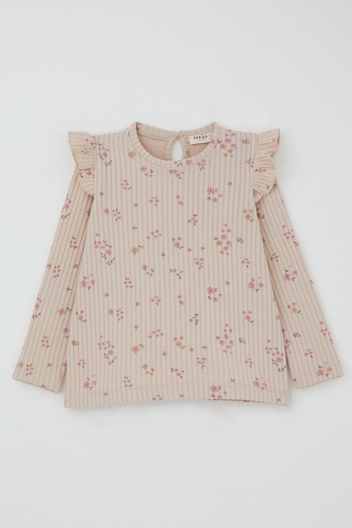 Breeze Kız Çocuk Taytlı Takım Çiçek Desenli Omuzu Fırfır Detaylı Pudra (2-6 Yaş)