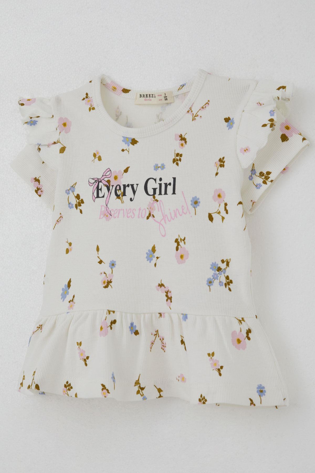 Breeze Kız Çocuk Taytlı Takım Çiçek Desenli Kolları Fırfır Detaylı Ekru (2-6 Yaş)