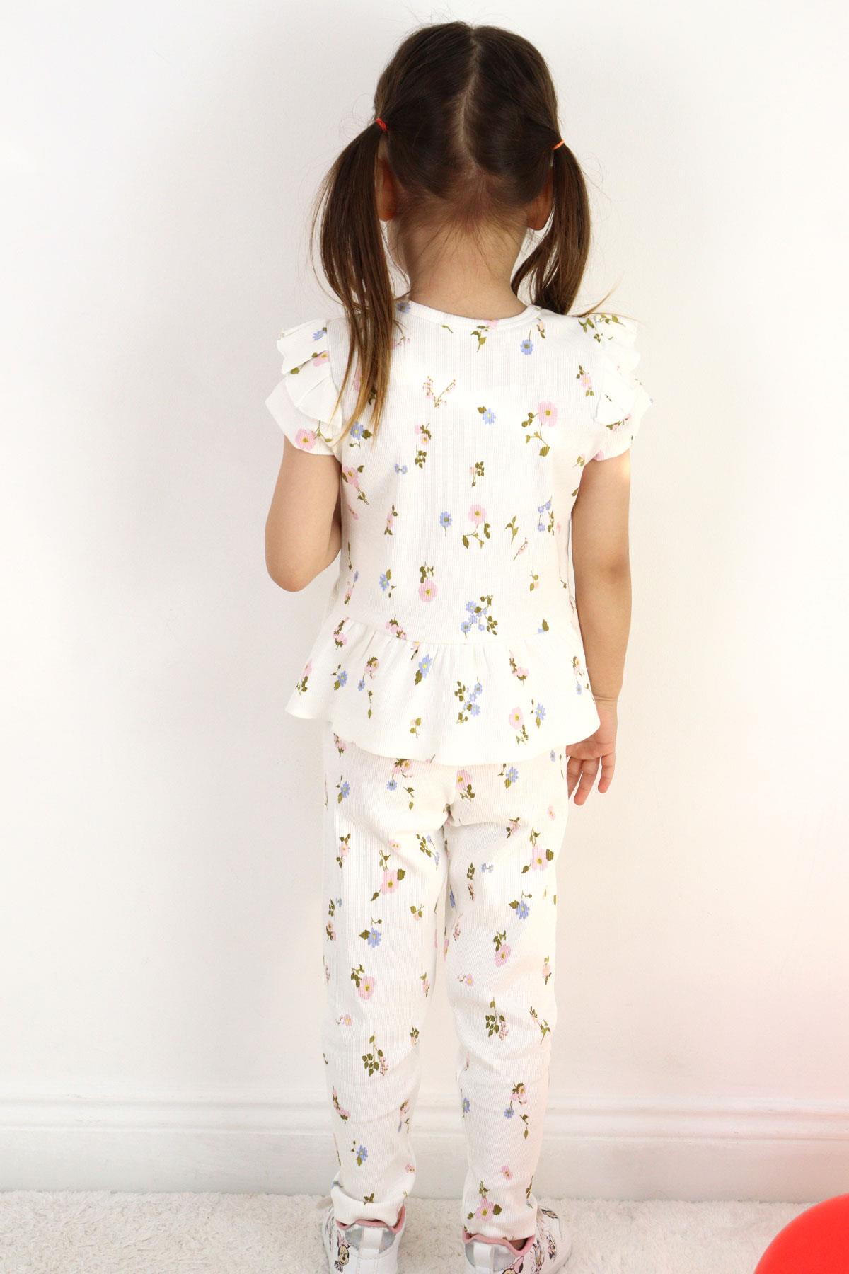 Breeze Kız Çocuk Taytlı Takım Çiçek Desenli Kolları Fırfır Detaylı Ekru (2-6 Yaş)