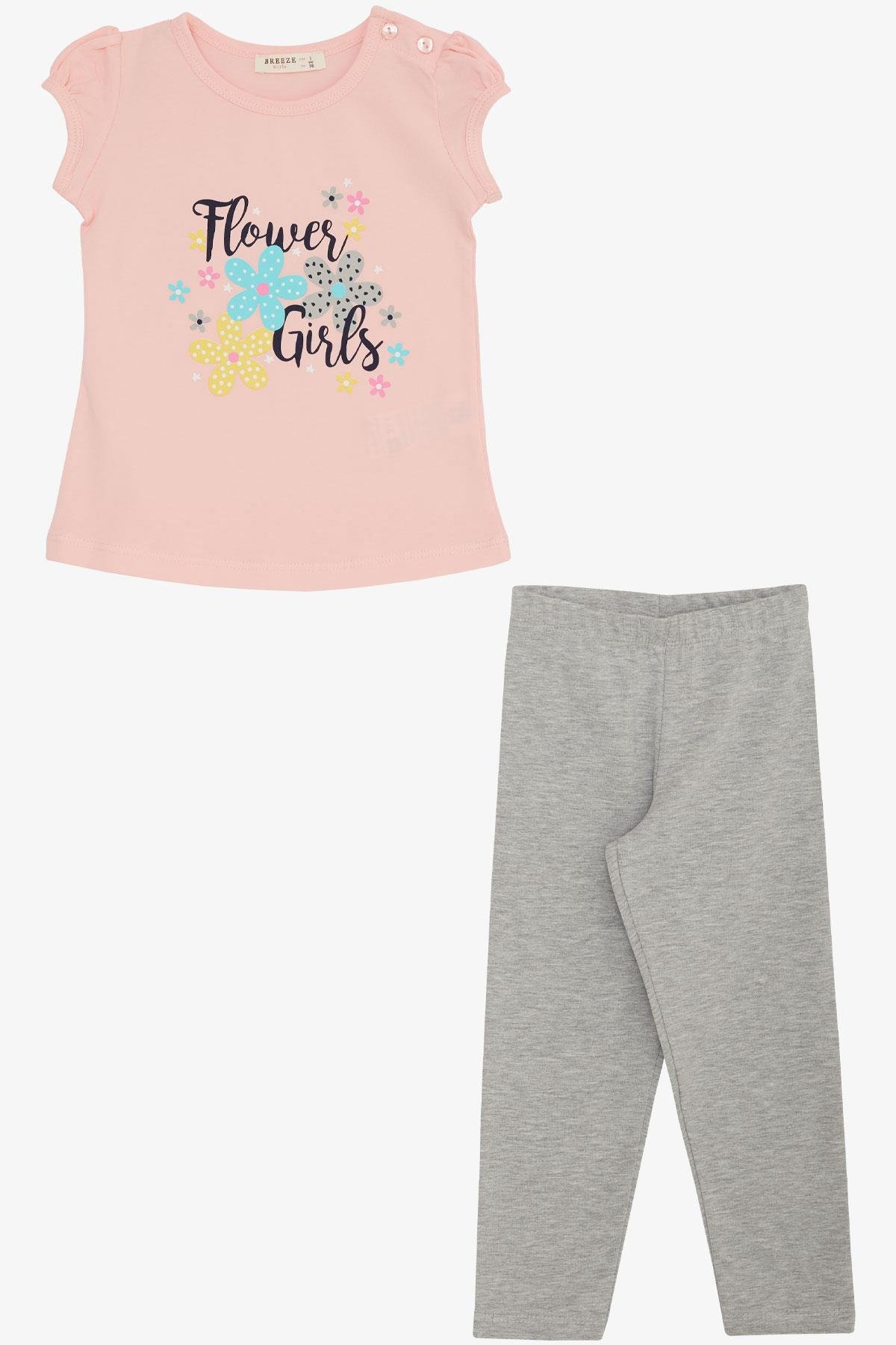 Breeze Kız Çocuk Taytlı Takım Çiçek Kızlar Yazı Baskılı Pembe (1.5-5 Yaş)