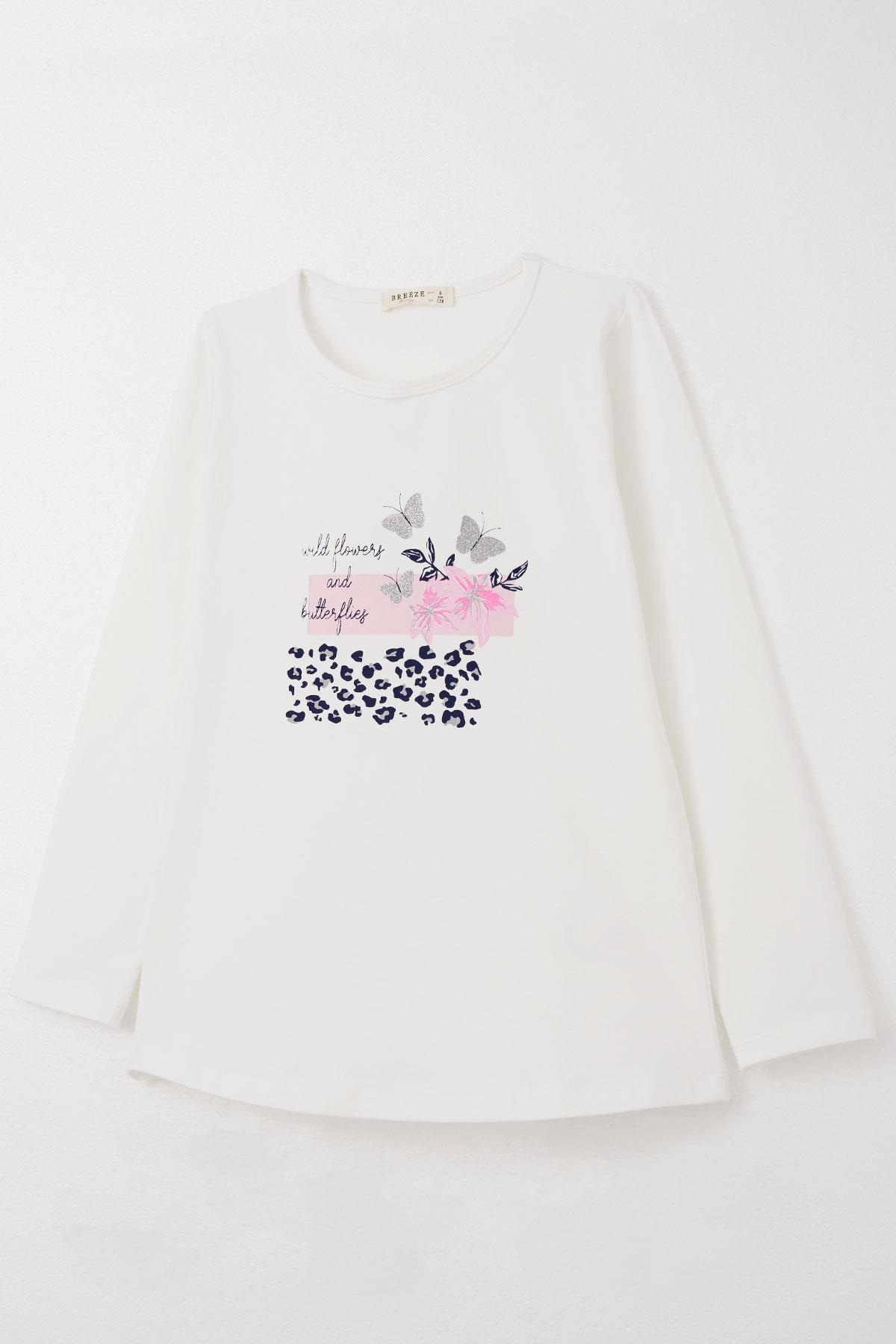 Breeze Kız Çocuk Taytlı Takım Çiçek & Simli Kelebek Baskılı Beyaz (4-8 Yaş)