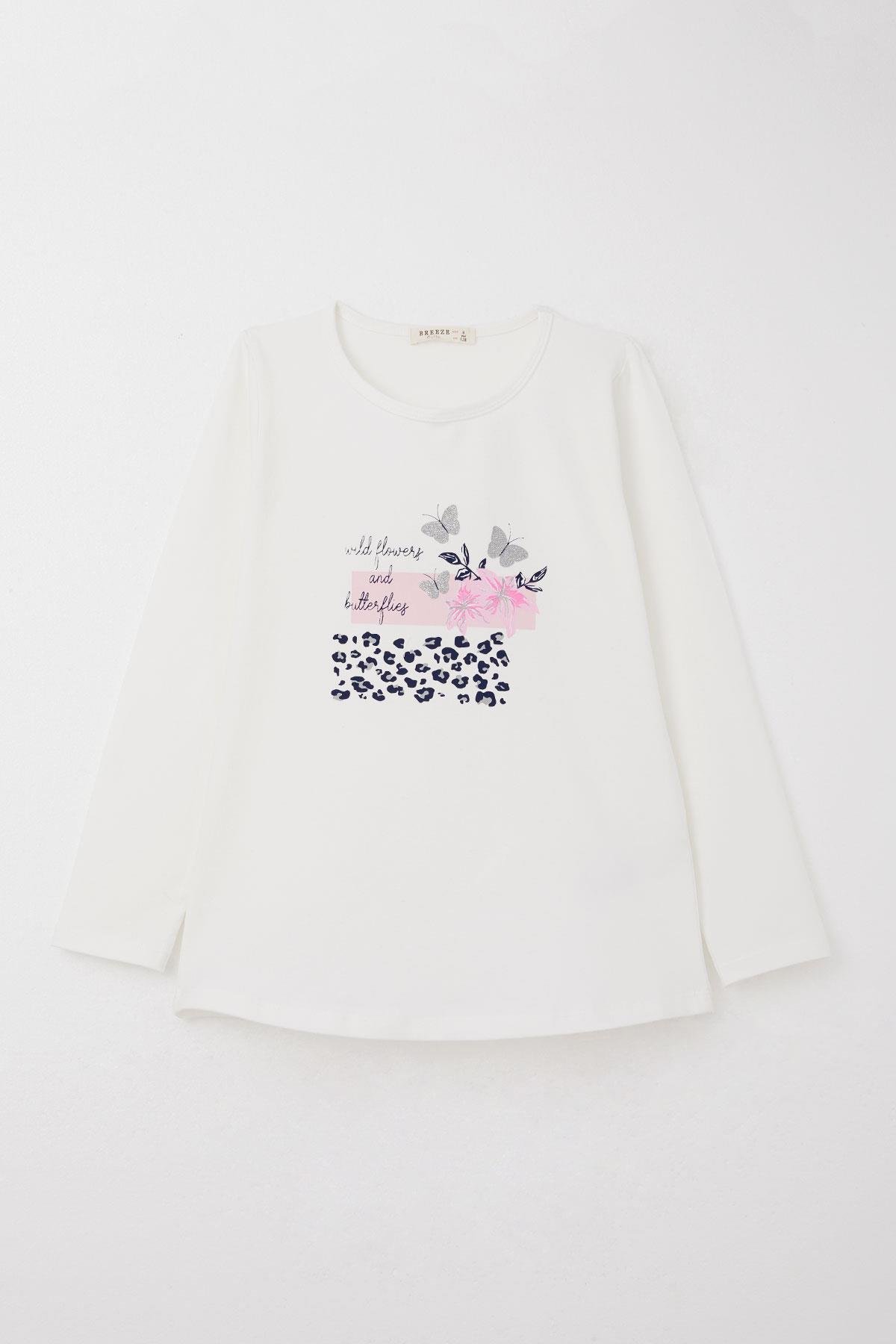 Breeze Kız Çocuk Taytlı Takım Çiçek & Simli Kelebek Baskılı Beyaz (4-8 Yaş)