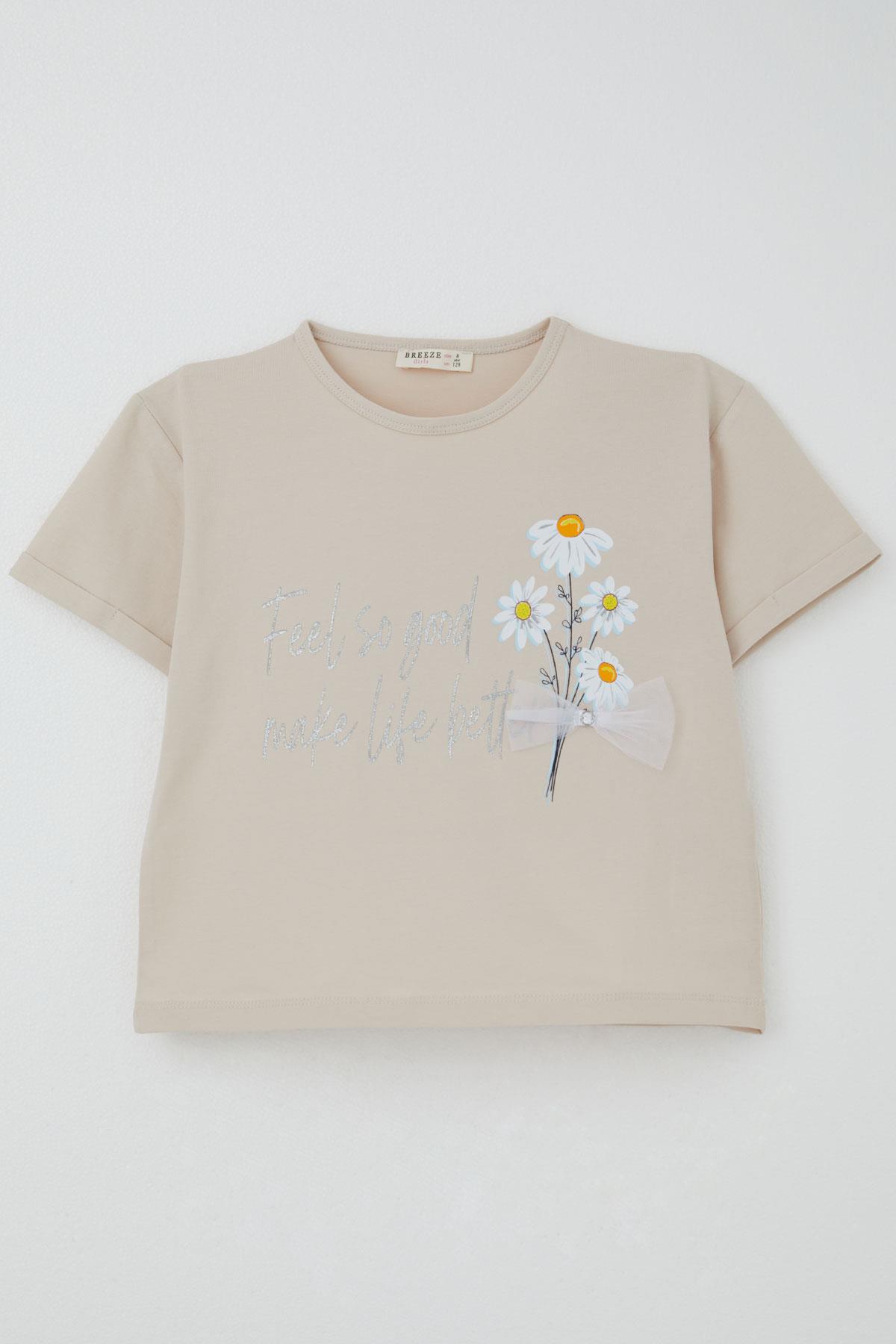 Breeze Kız Çocuk Taytlı Takım Çiçek & Yazı Baskılı Fiyonklu Bej (5-10 Yaş)