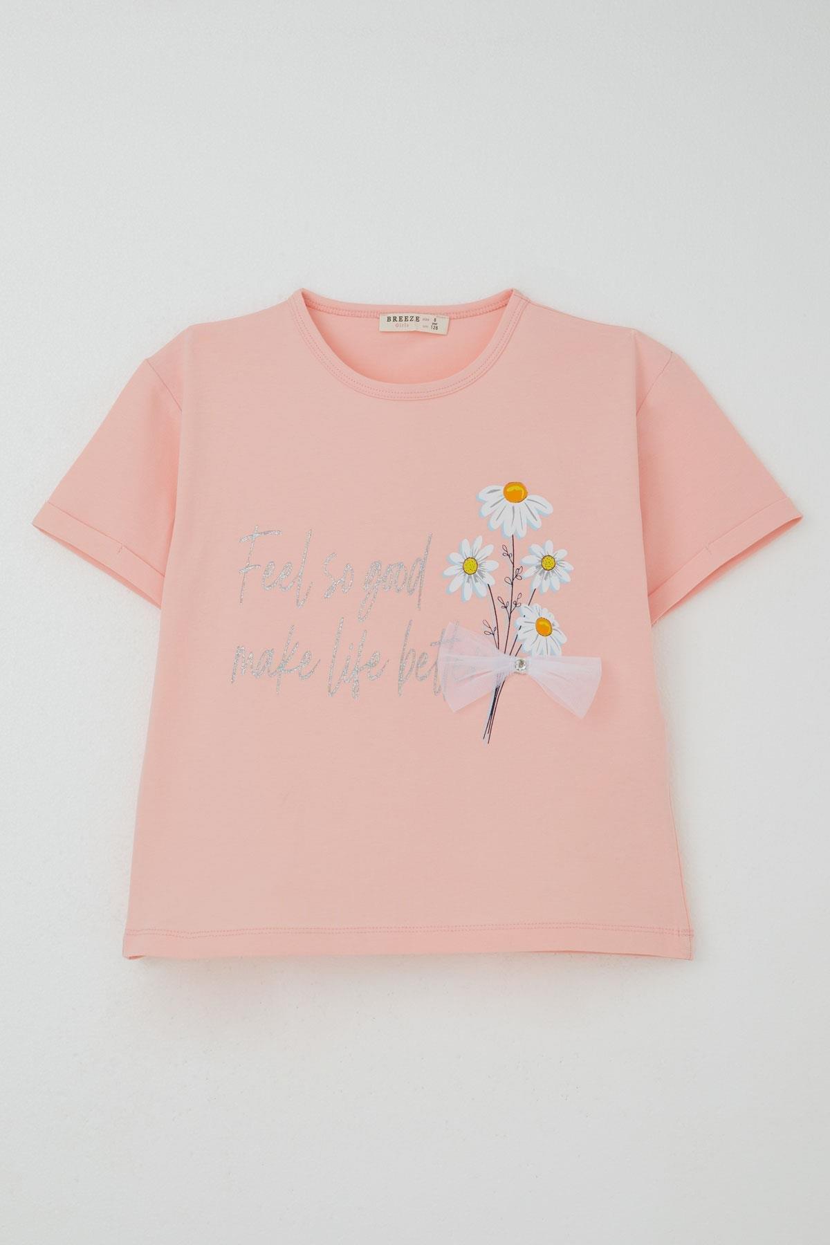 Breeze Kız Çocuk Taytlı Takım Çiçek & Yazı Baskılı Fiyonklu Pembe (5-10 Yaş)
