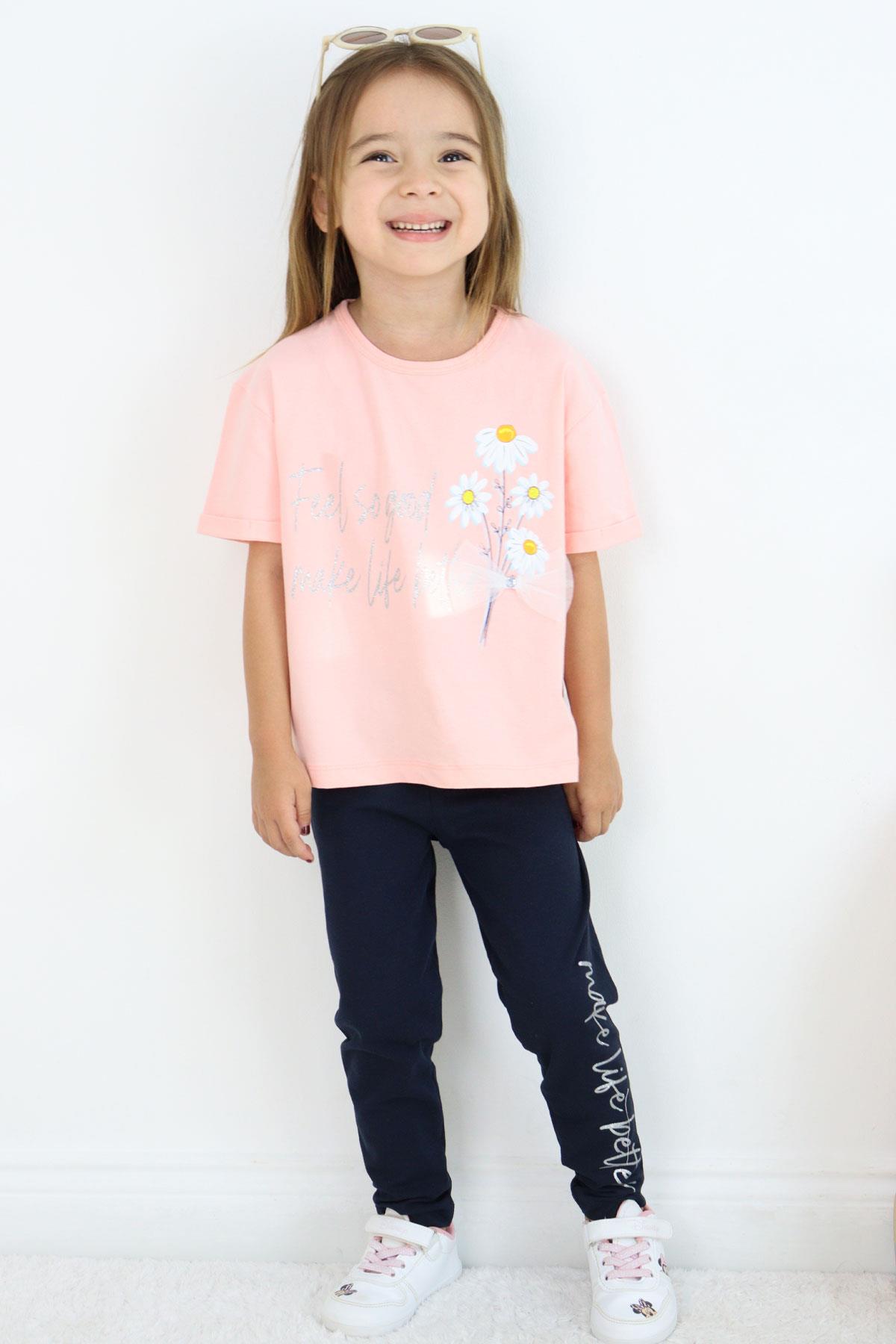 Breeze Kız Çocuk Taytlı Takım Çiçek & Yazı Baskılı Fiyonklu Pembe (5-10 Yaş)