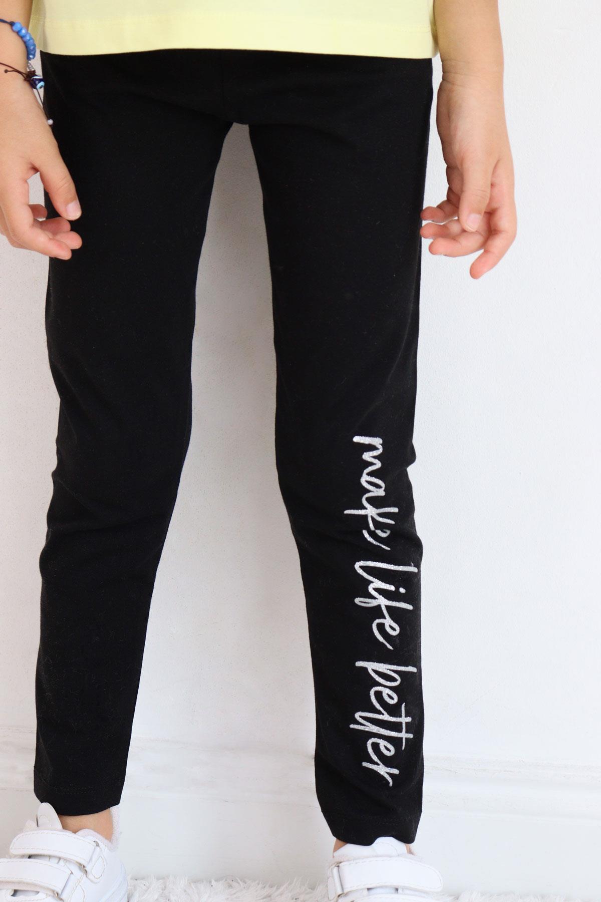 Breeze Kız Çocuk Taytlı Takım Çiçek & Yazı Baskılı Fiyonklu Sarı (5-10 Yaş)