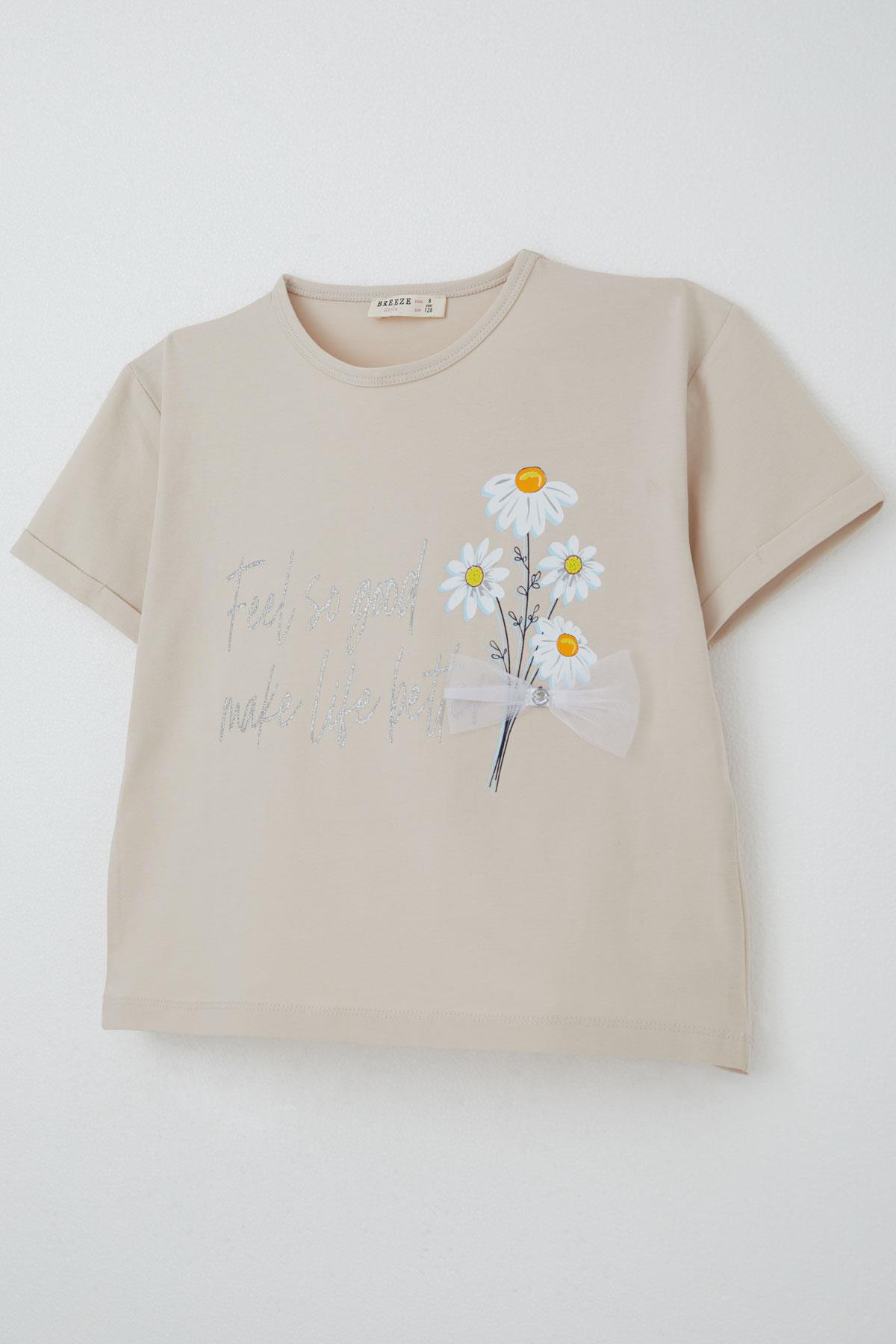 Breeze Kız Çocuk Taytlı Takım Çiçek & Yazı Baskılı Fiyonklu Bej (5-10 Yaş)