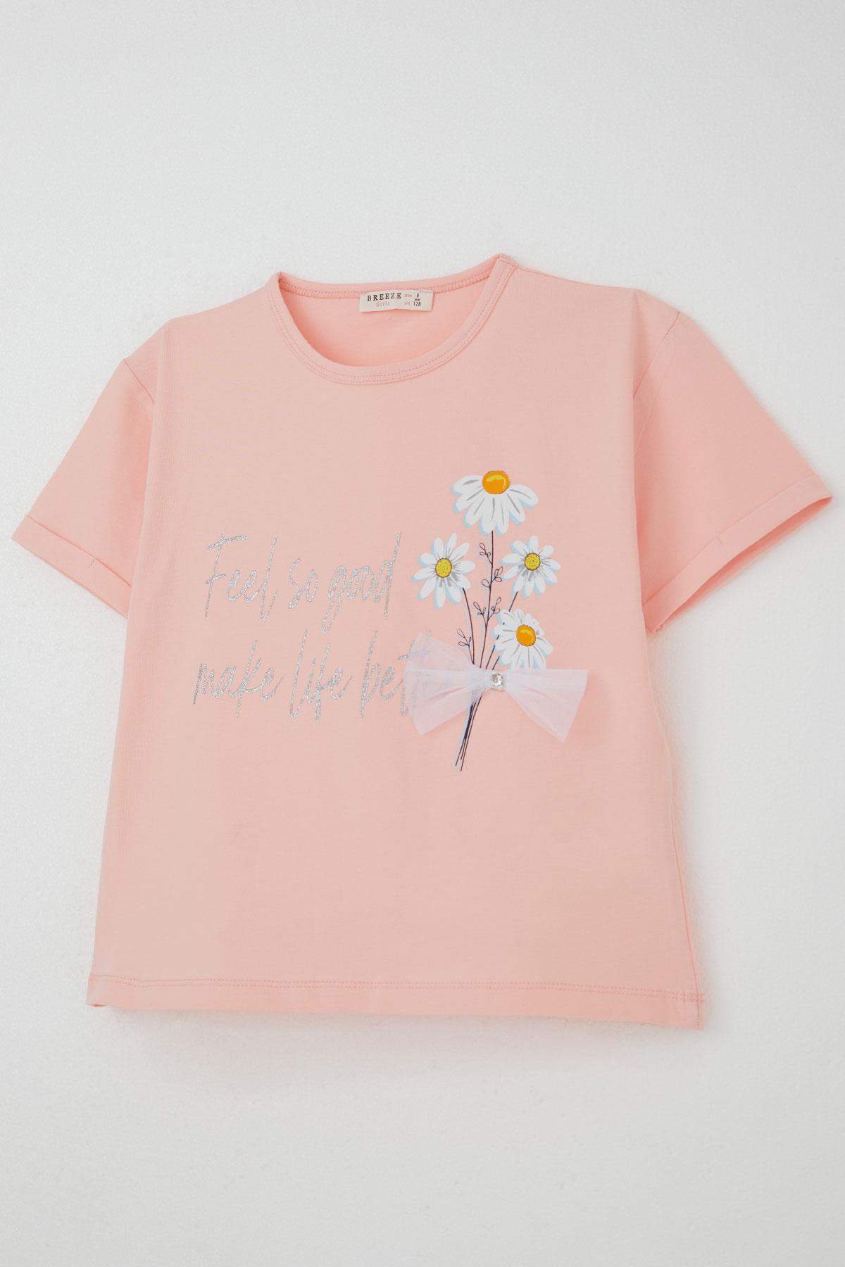 Breeze Kız Çocuk Taytlı Takım Çiçek & Yazı Baskılı Fiyonklu Pembe (5-10 Yaş)