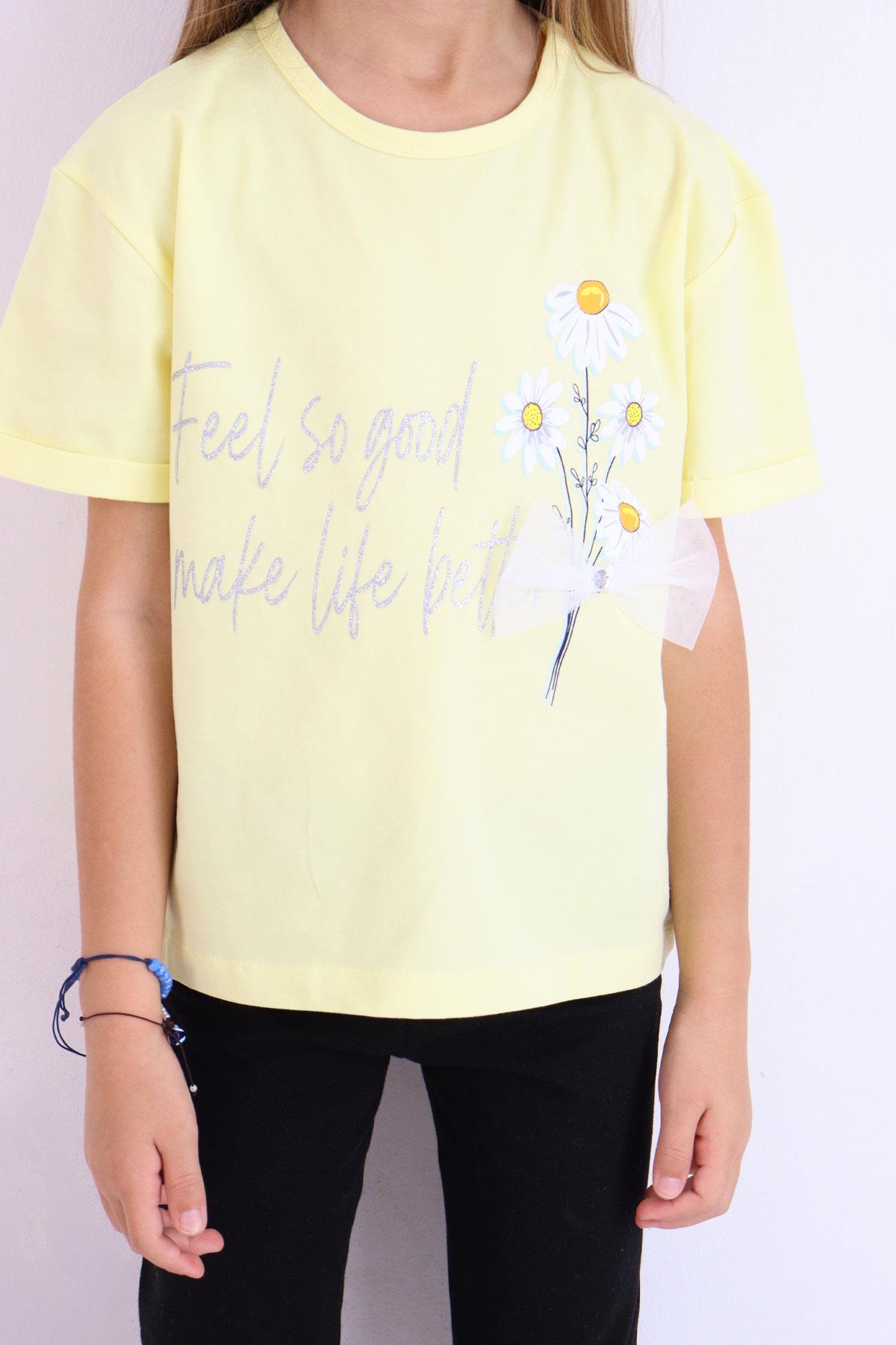 Breeze Kız Çocuk Taytlı Takım Çiçek & Yazı Baskılı Fiyonklu Sarı (5-10 Yaş)