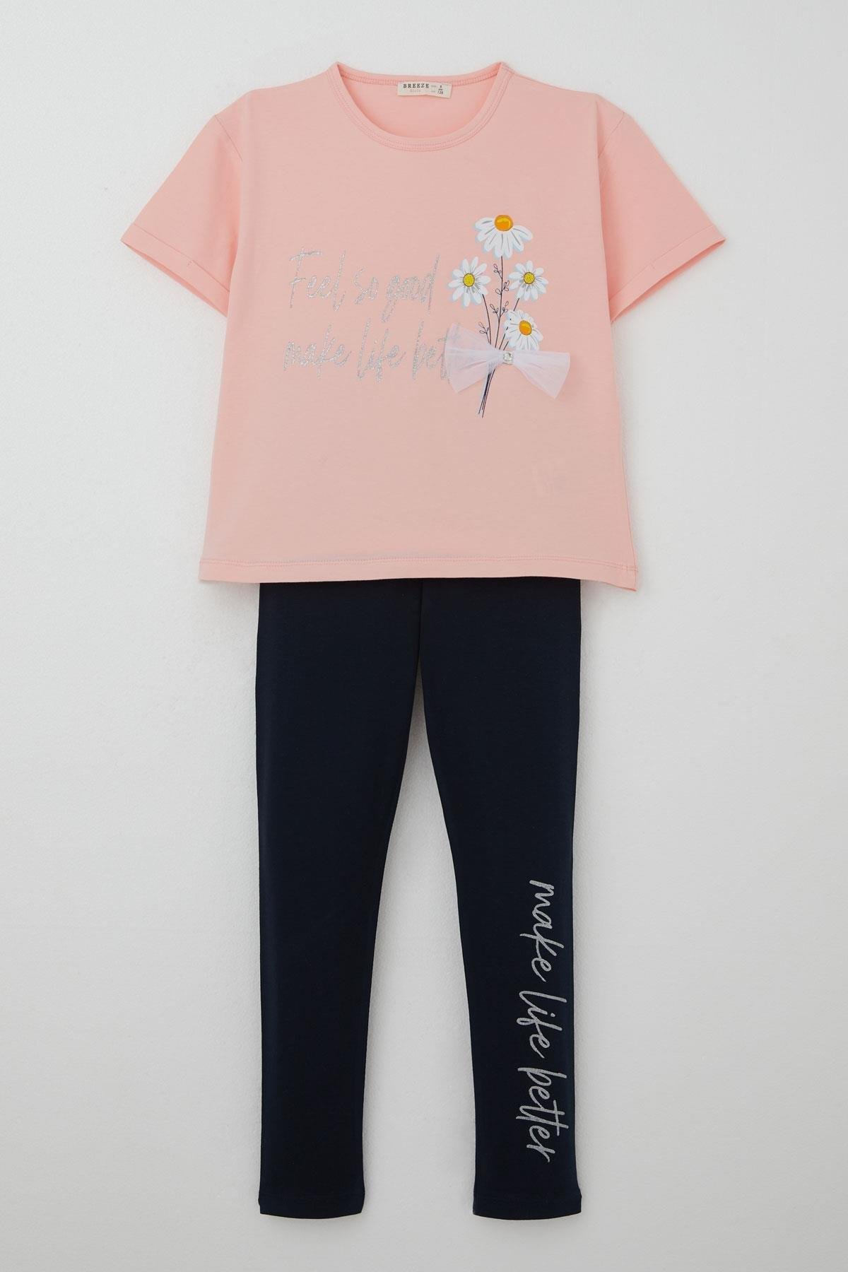 Breeze Kız Çocuk Taytlı Takım Çiçek & Yazı Baskılı Fiyonklu Pembe (5-10 Yaş)
