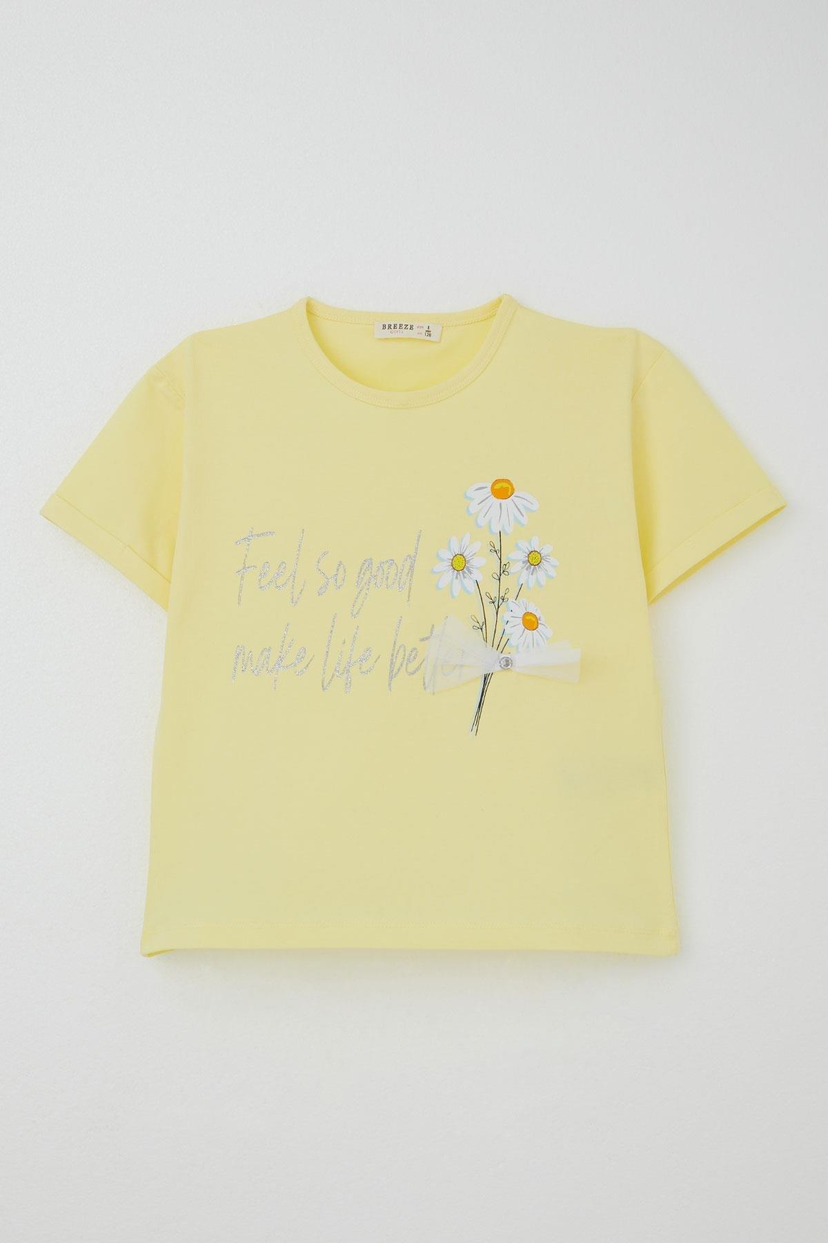 Breeze Kız Çocuk Taytlı Takım Çiçek & Yazı Baskılı Fiyonklu Sarı (5-10 Yaş)
