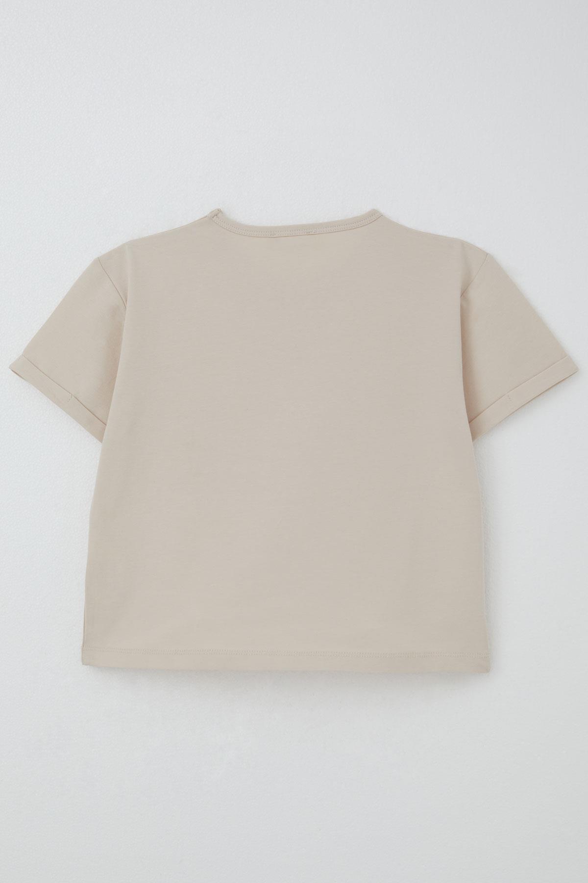 Breeze Kız Çocuk Taytlı Takım Çiçek & Yazı Baskılı Fiyonklu Bej (5-10 Yaş)