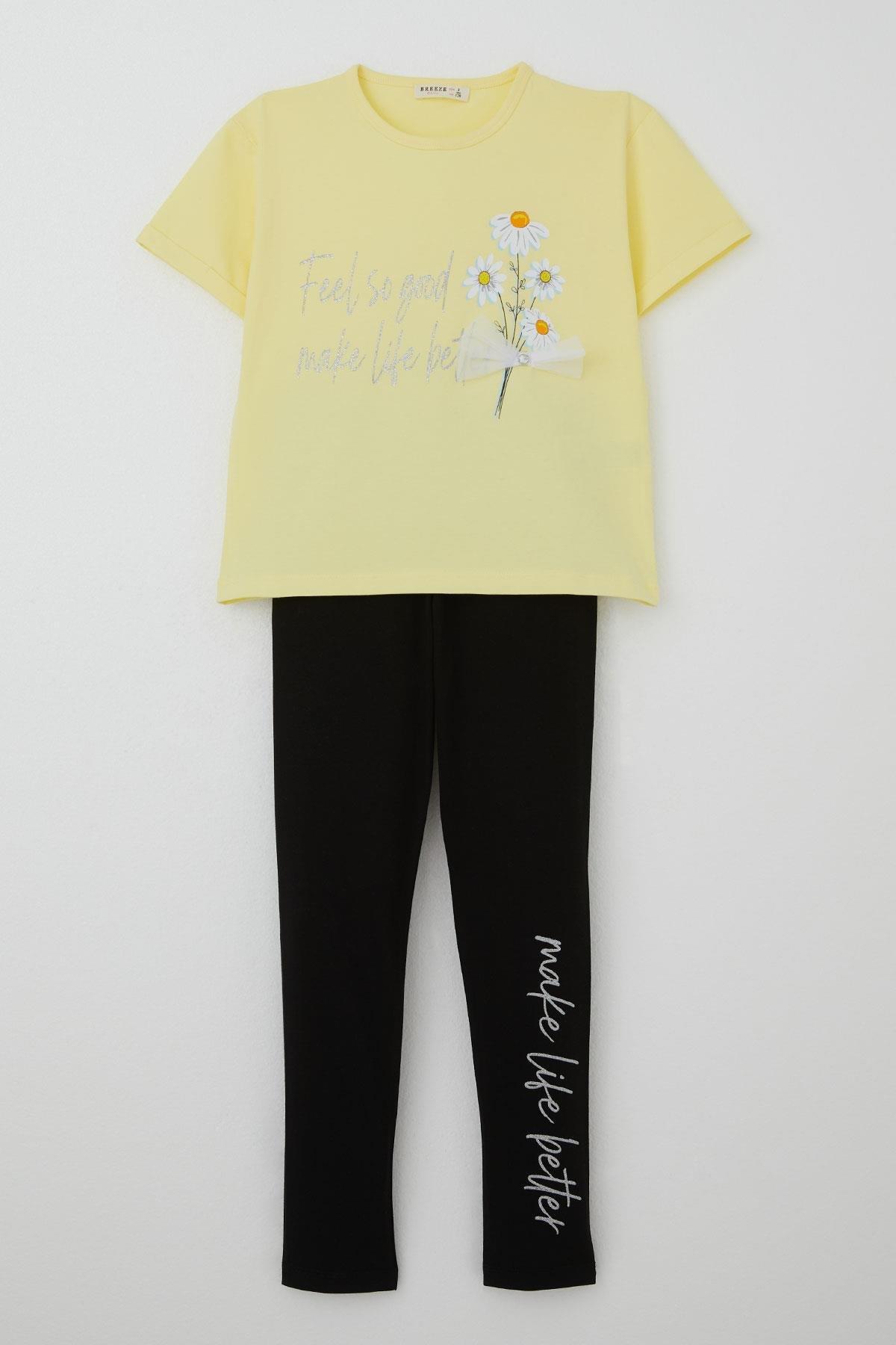 Breeze Kız Çocuk Taytlı Takım Çiçek & Yazı Baskılı Fiyonklu Sarı (5-10 Yaş)