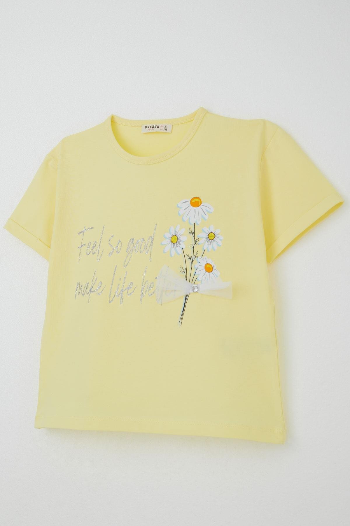 Breeze Kız Çocuk Taytlı Takım Çiçek & Yazı Baskılı Fiyonklu Sarı (5-10 Yaş)