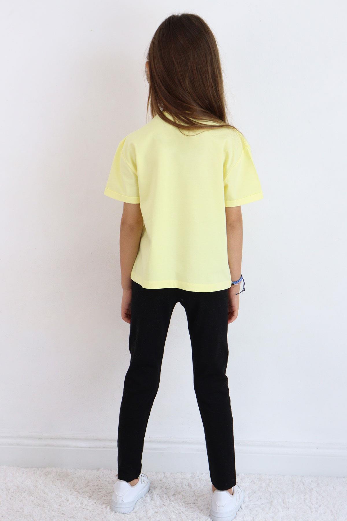 Breeze Kız Çocuk Taytlı Takım Çiçek & Yazı Baskılı Fiyonklu Sarı (5-10 Yaş)