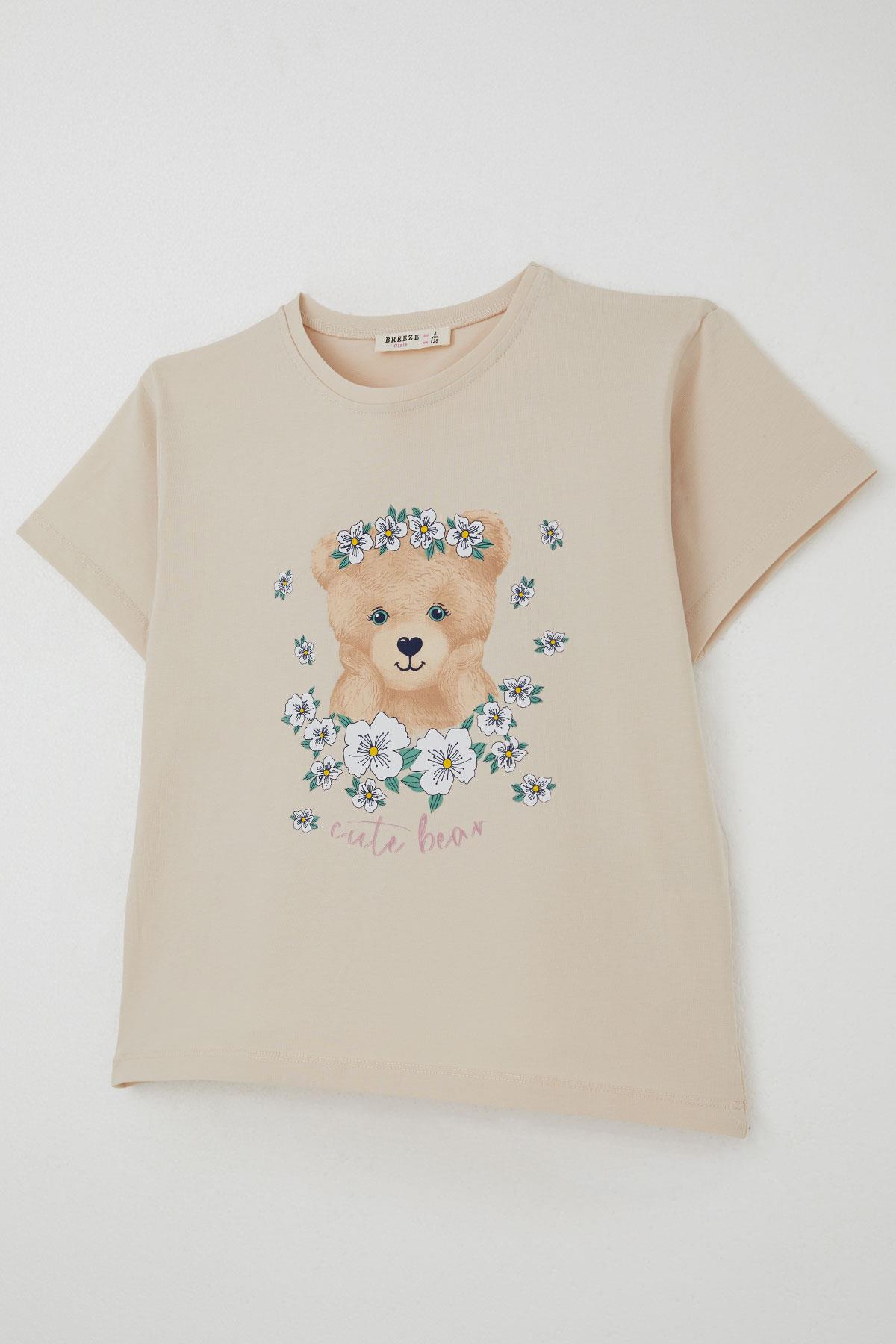Breeze Kız Çocuk Taytlı Takım Çiçeklerin Kraliçesi Sevimli Ayıcık Baskılı Bej (5-10 Yaş)