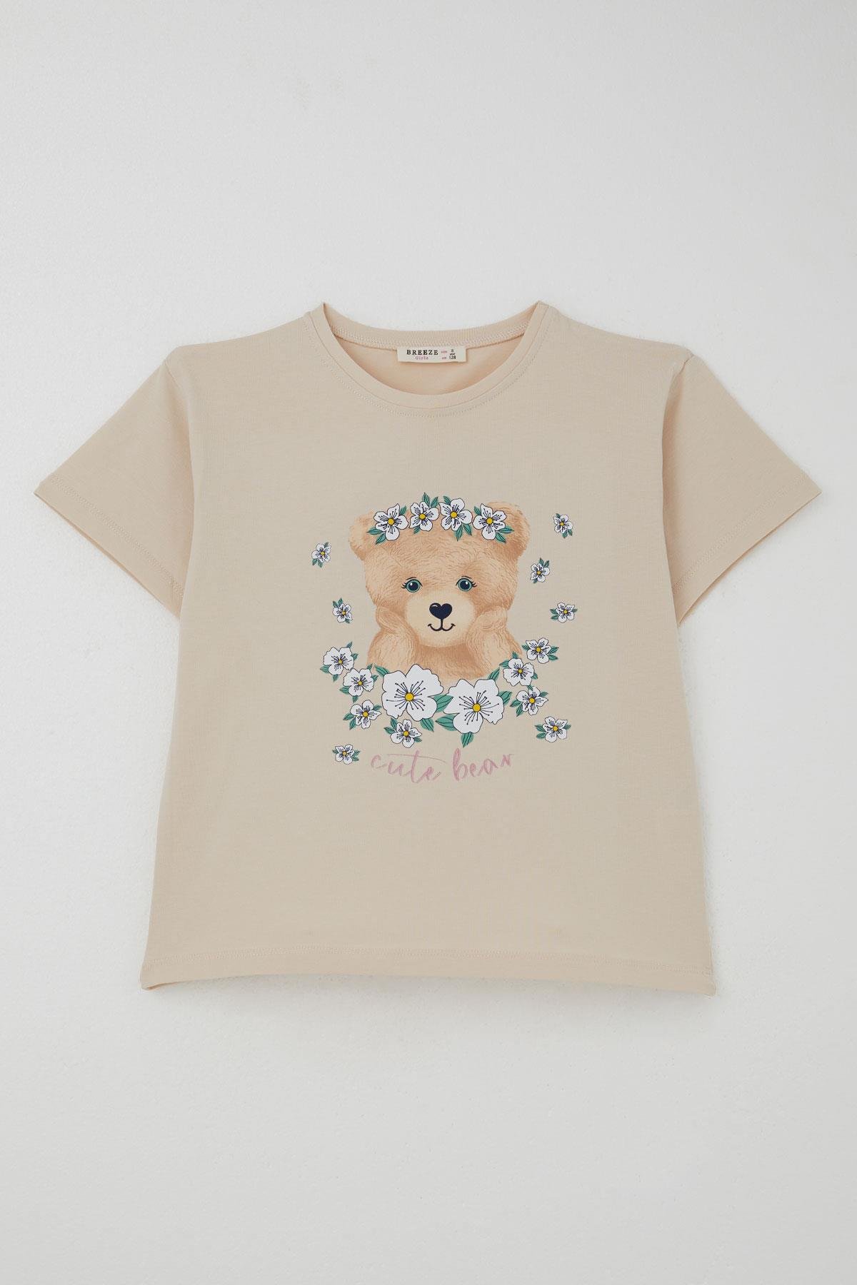 Breeze Kız Çocuk Taytlı Takım Çiçeklerin Kraliçesi Sevimli Ayıcık Baskılı Bej (5-10 Yaş)