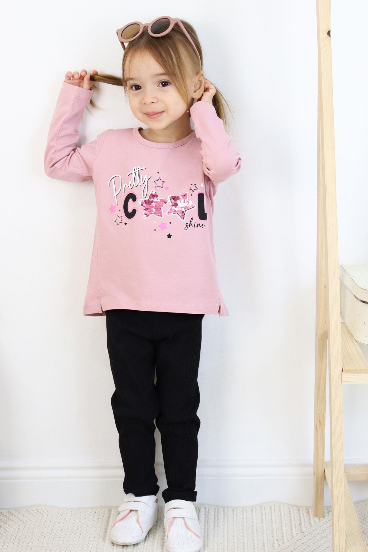 Breeze Kız Çocuk Taytlı Takım Cool Yazı Baskılı Pullu Gülkurusu (3-8 Yaş)