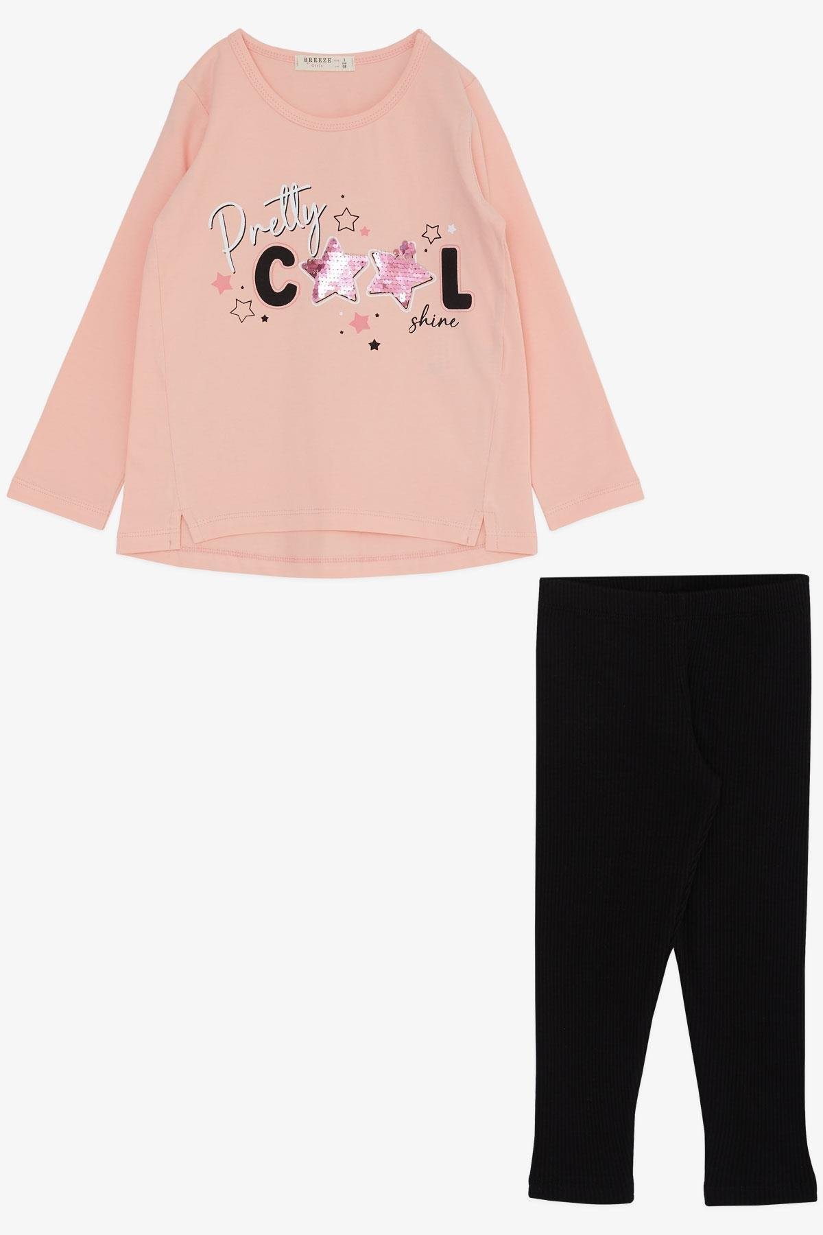 Breeze Kız Çocuk Taytlı Takım Cool Yazı Baskılı Pullu Somon (3-8 Yaş)