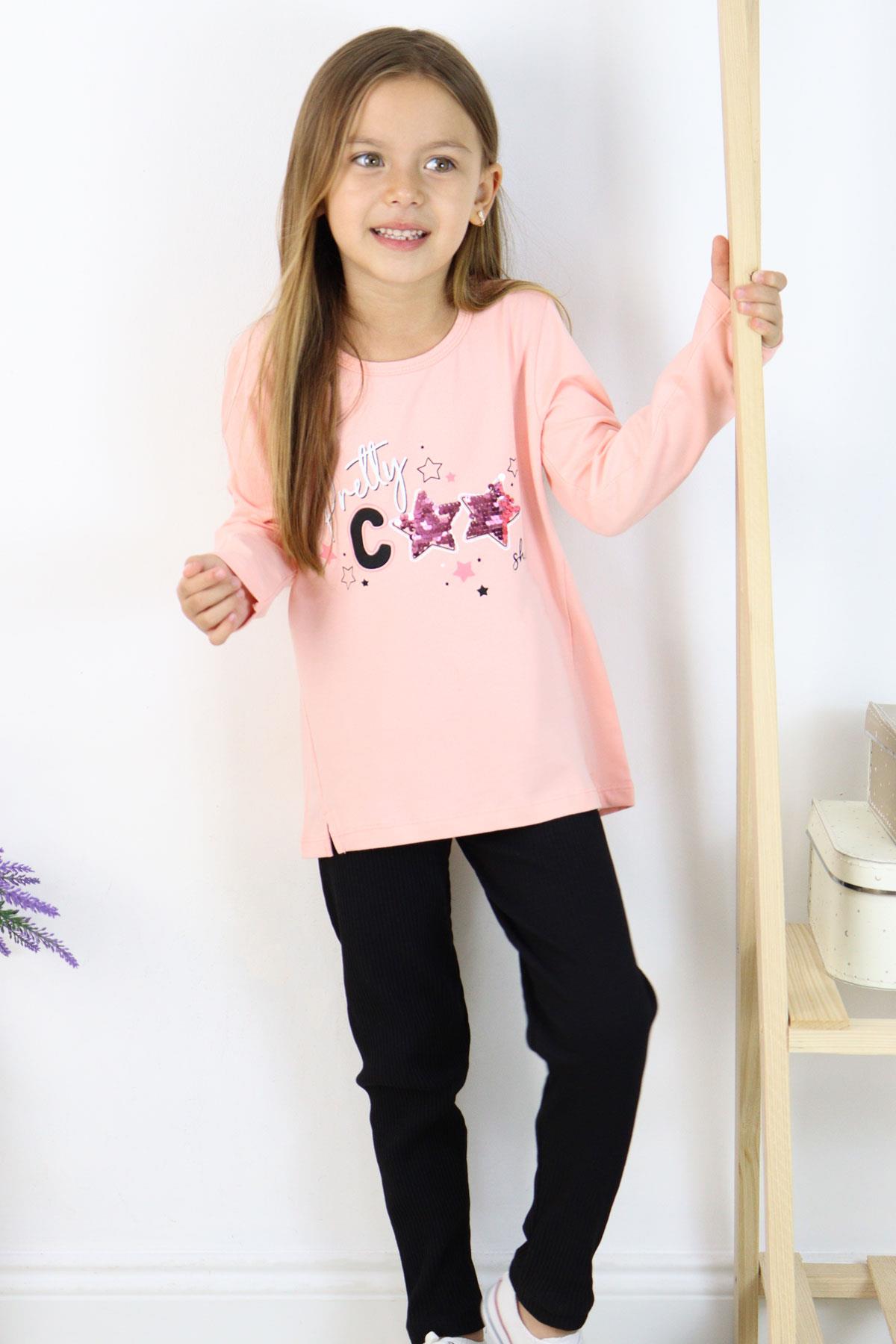 Breeze Kız Çocuk Taytlı Takım Cool Yazı Baskılı Pullu Somon (3-8 Yaş)