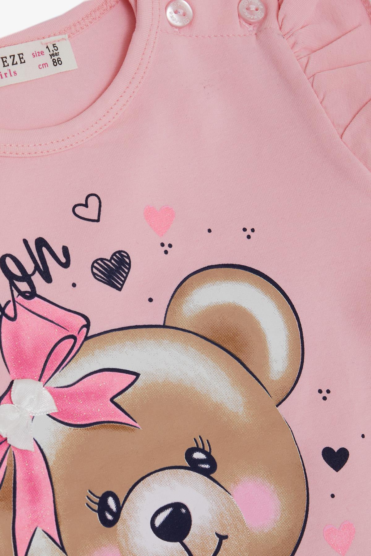 Breeze Kız Çocuk Taytlı Takım Fiyonklu Ayıcık Baskılı Pembe (1.5-5 Yaş)