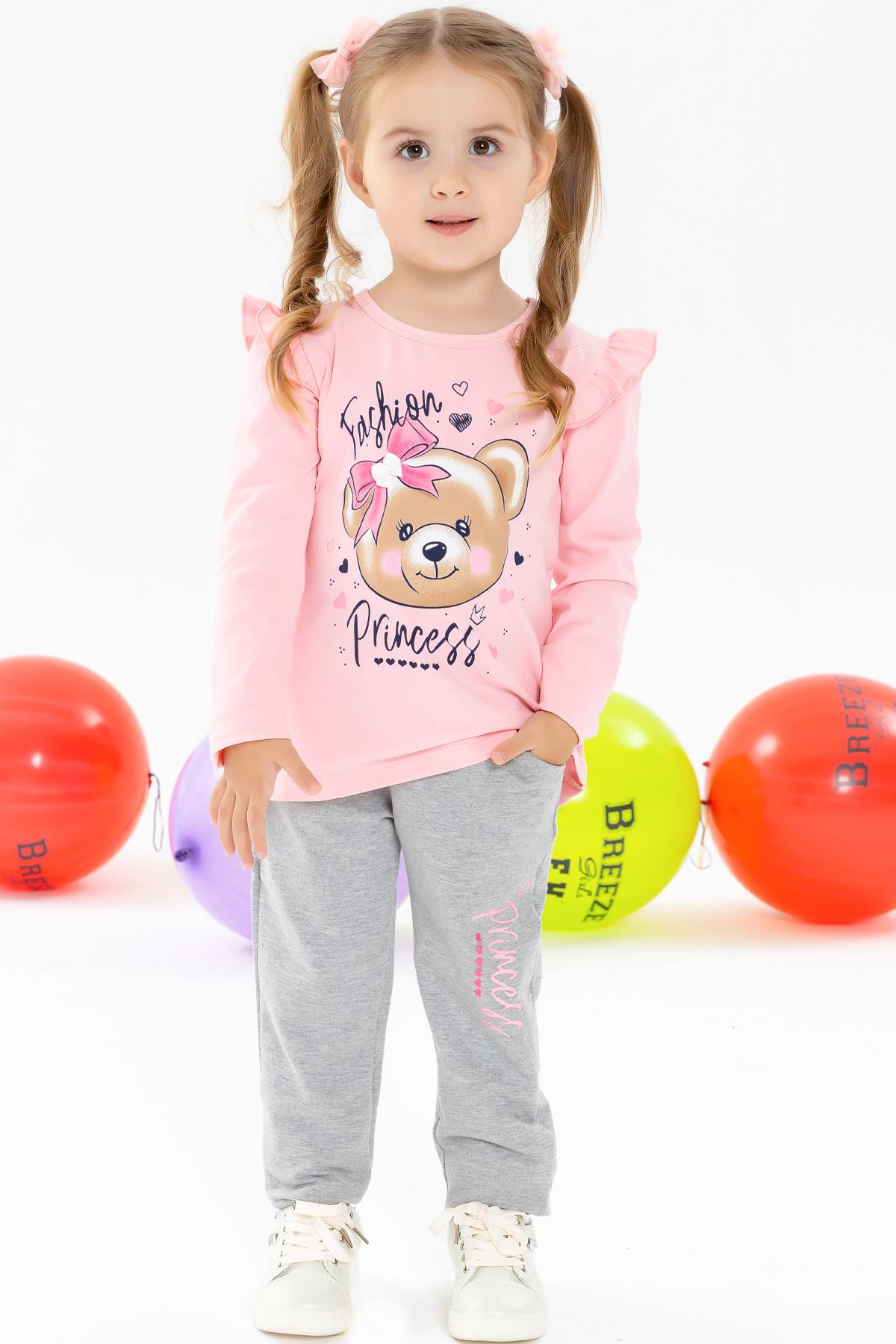 Breeze Kız Çocuk Taytlı Takım Fiyonklu Ayıcık Baskılı Pembe (1.5-5 Yaş)