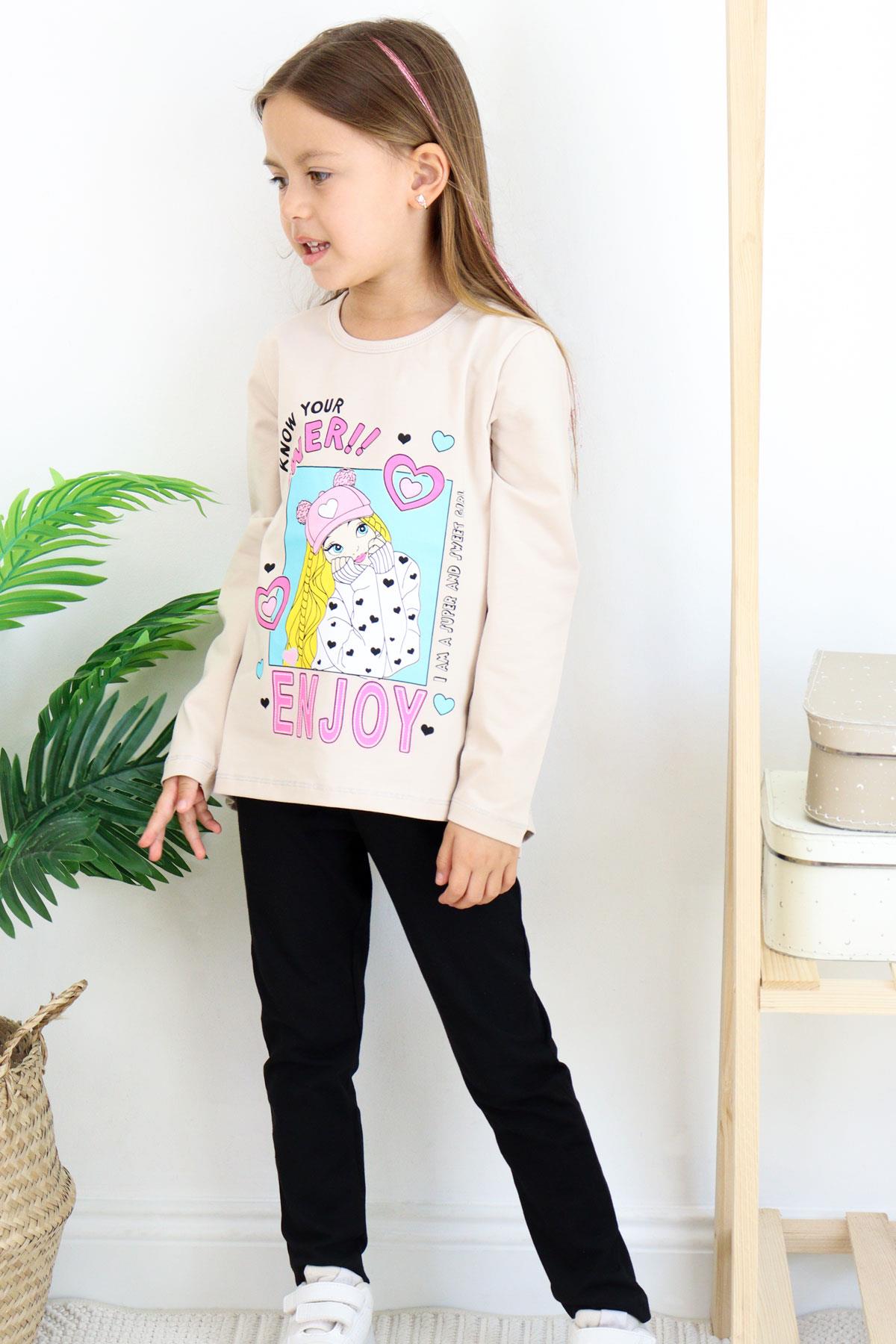 Breeze Kız Çocuk Taytlı Takım Güçlü Tatlı Kız Baskılı Bej (5-10 Yaş)