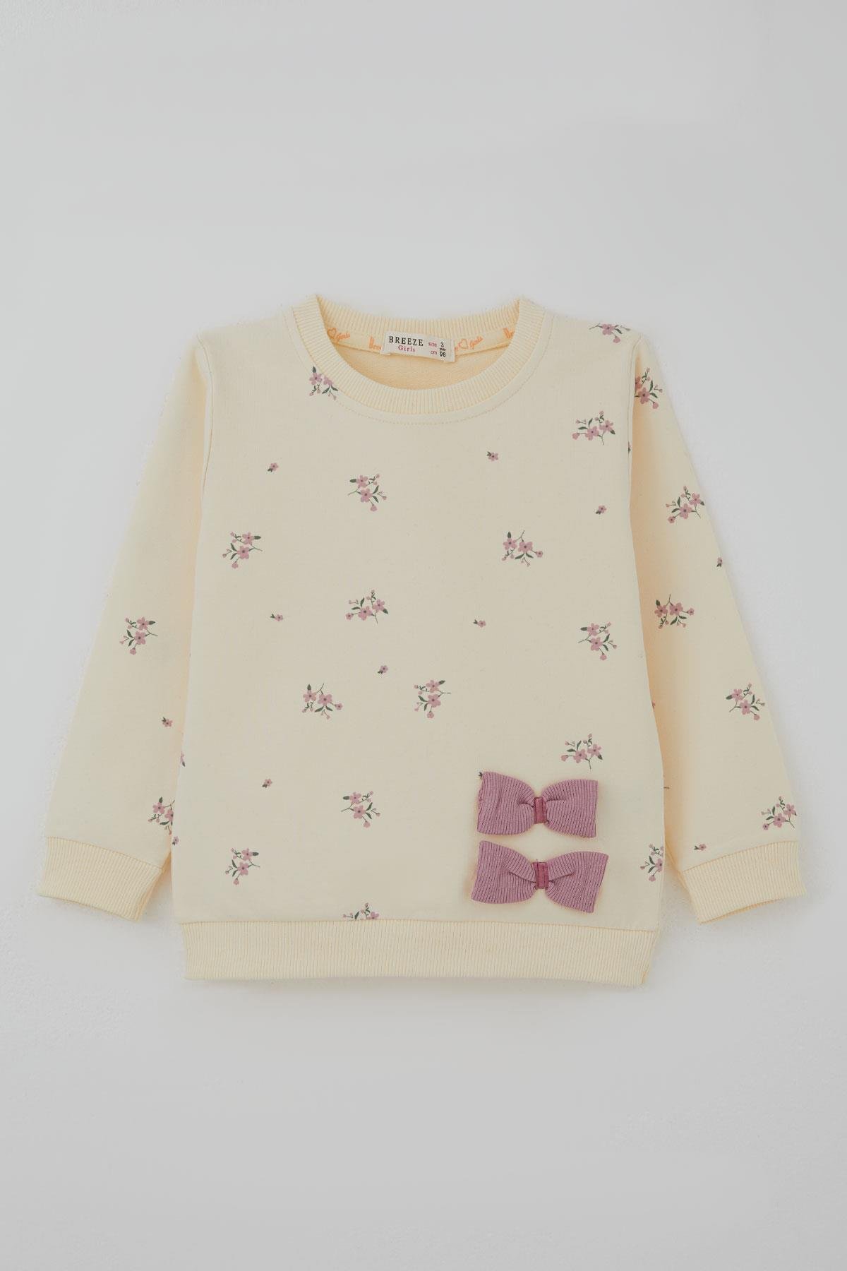 Breeze Kız Çocuk Taytlı Takım İspanyol Paça Çiçek Desenli Fiyonk Detaylı Krem (1.5-5 Yaş)