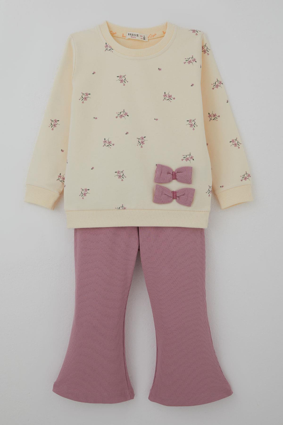 Breeze Kız Çocuk Taytlı Takım İspanyol Paça Çiçek Desenli Fiyonk Detaylı Krem (1.5-5 Yaş)