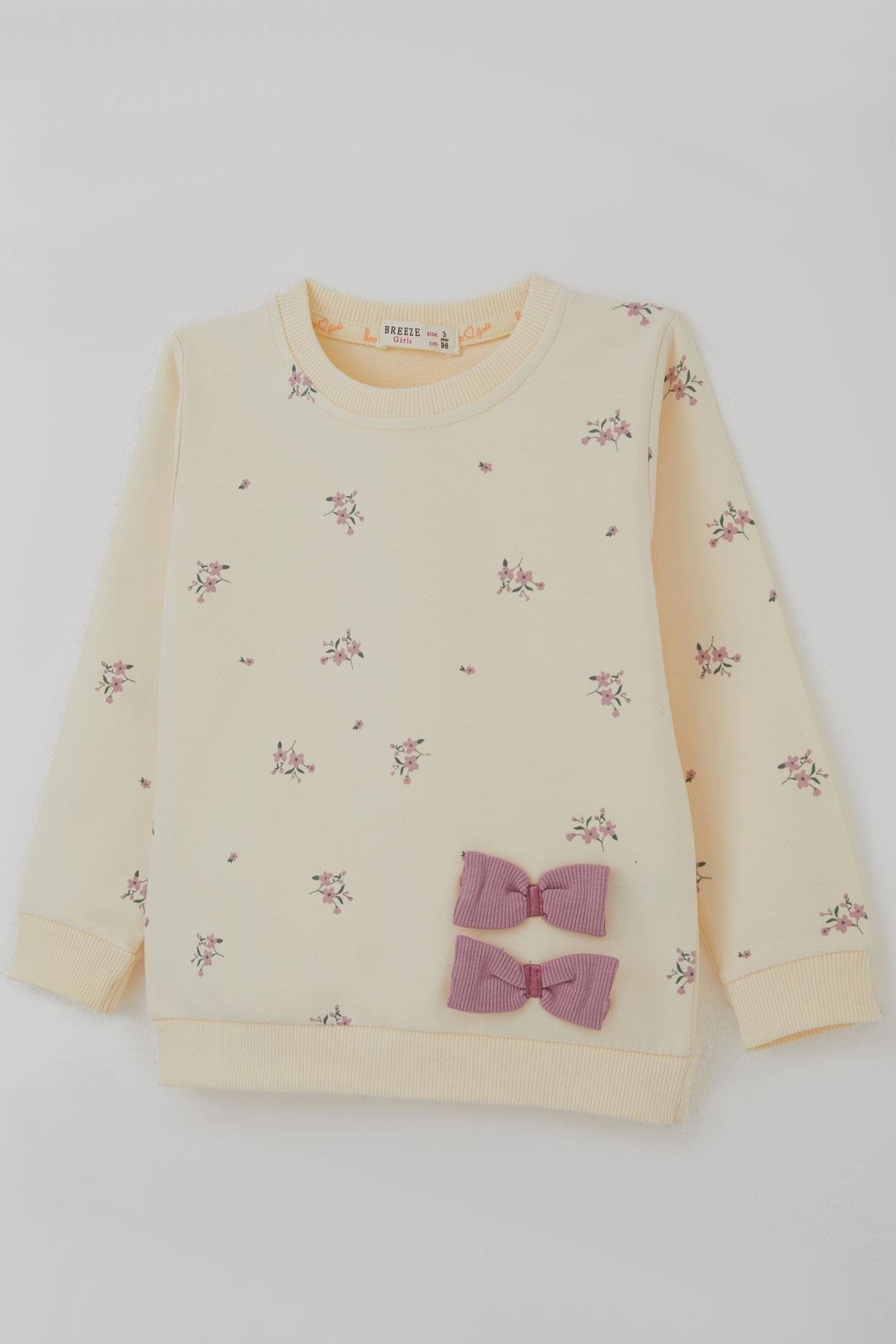 Breeze Kız Çocuk Taytlı Takım İspanyol Paça Çiçek Desenli Fiyonk Detaylı Krem (1.5-5 Yaş)