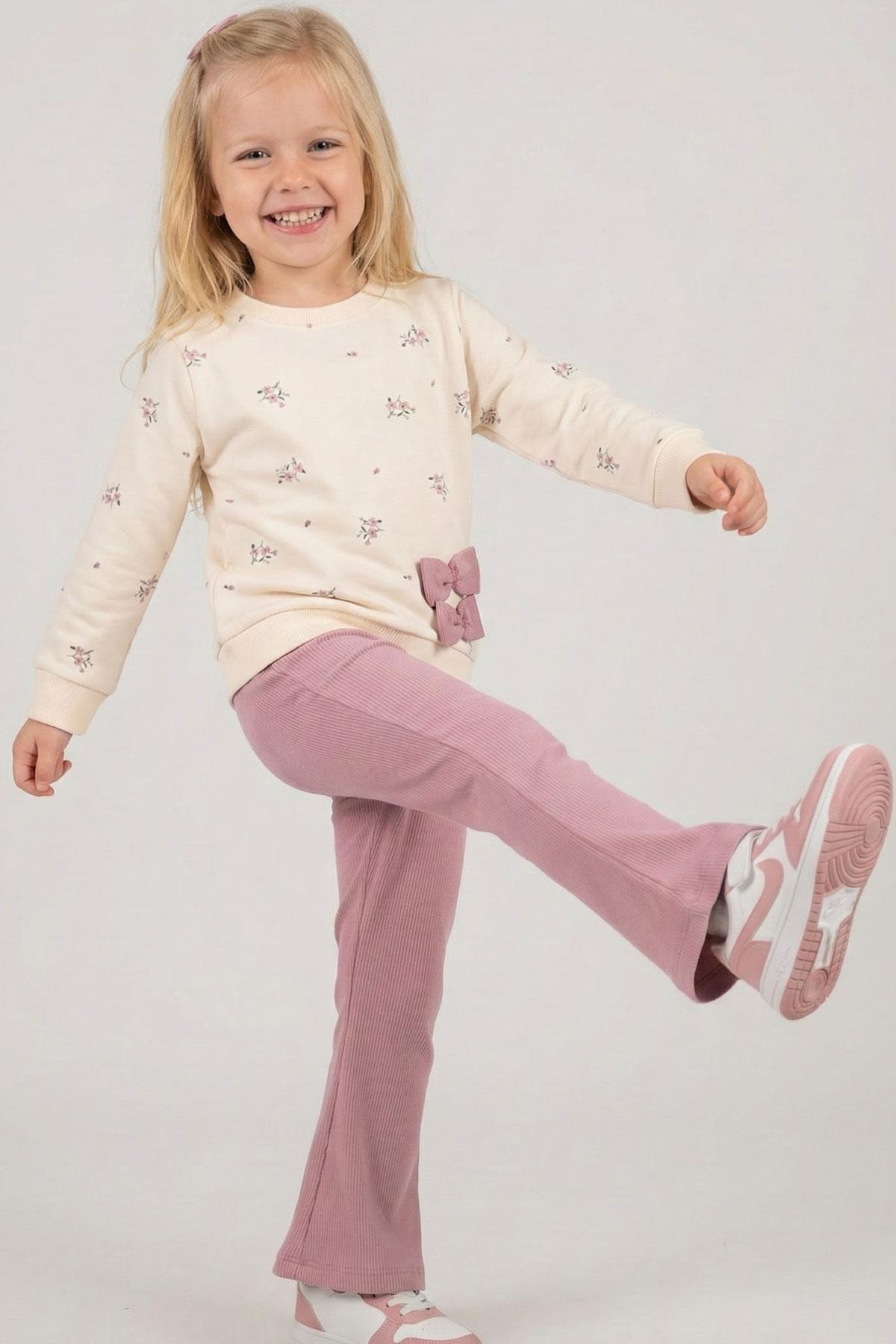 Breeze Kız Çocuk Taytlı Takım İspanyol Paça Çiçek Desenli Fiyonk Detaylı Krem (1.5-5 Yaş)