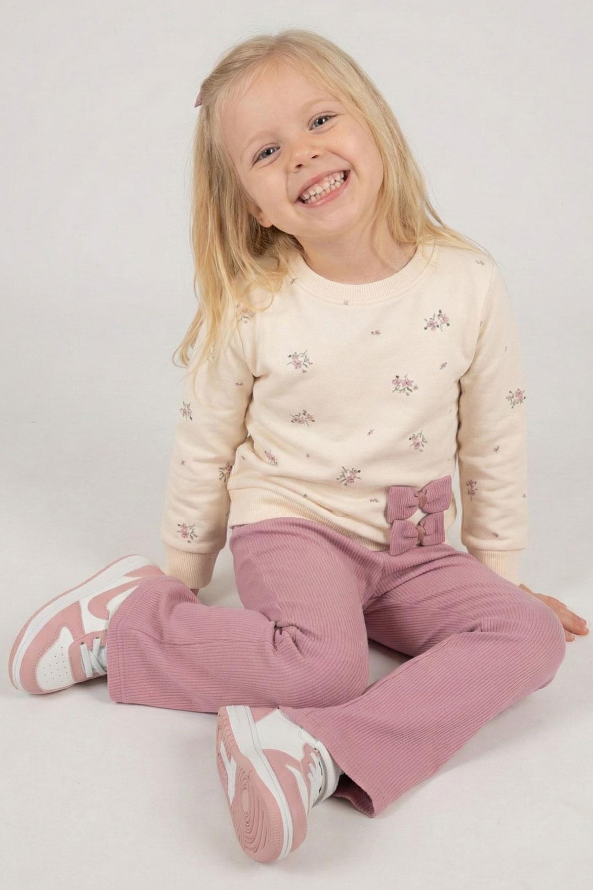 Breeze Kız Çocuk Taytlı Takım İspanyol Paça Çiçek Desenli Fiyonk Detaylı Krem (1.5-5 Yaş)