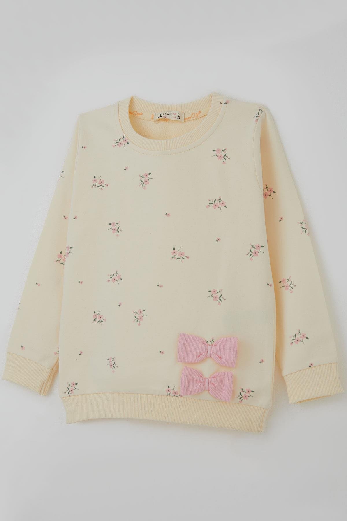 Breeze Kız Çocuk Taytlı Takım İspanyol Paça Çiçek Desenli Fiyonk Detaylı Krem (1.5-5 Yaş)