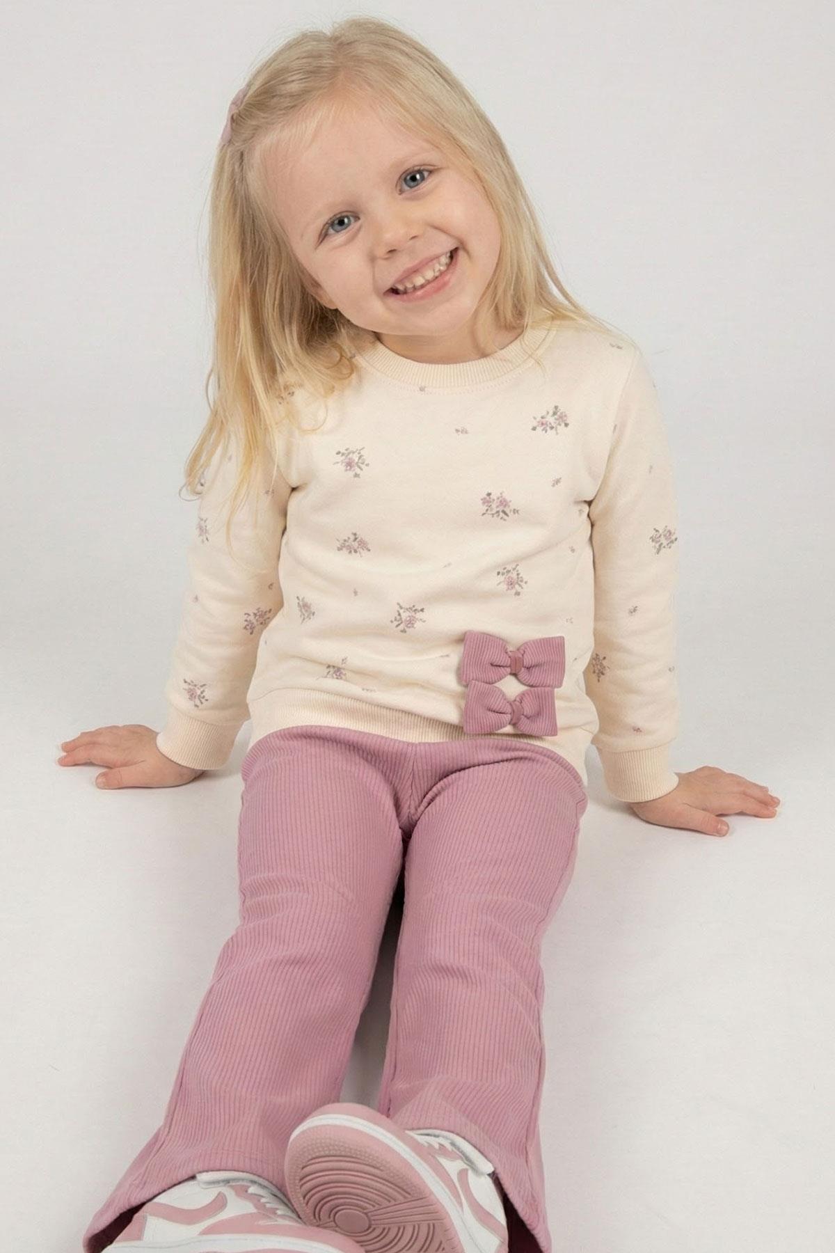 Breeze Kız Çocuk Taytlı Takım İspanyol Paça Çiçek Desenli Fiyonk Detaylı Krem (1.5-5 Yaş)