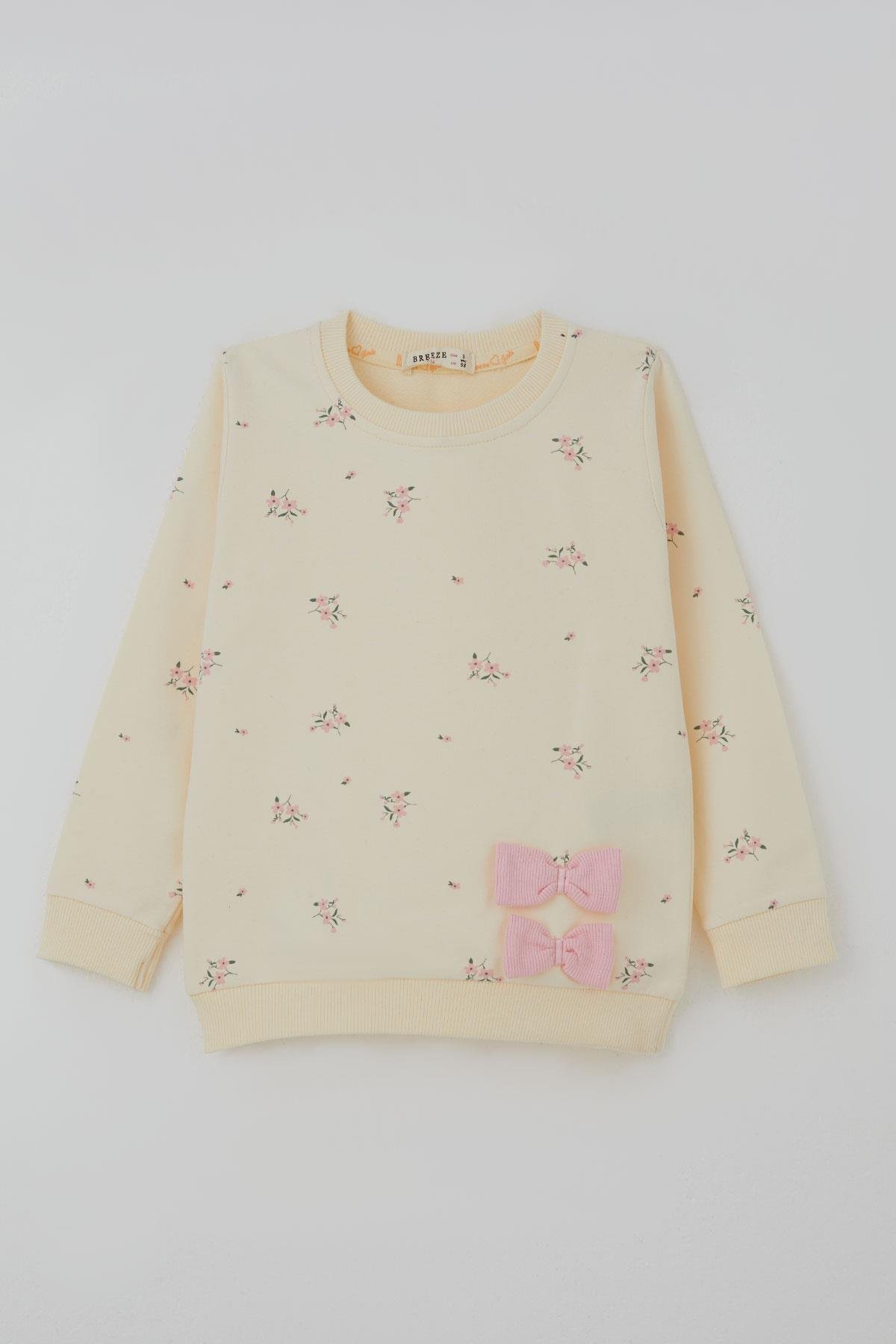 Breeze Kız Çocuk Taytlı Takım İspanyol Paça Çiçek Desenli Fiyonk Detaylı Krem (1.5-5 Yaş)