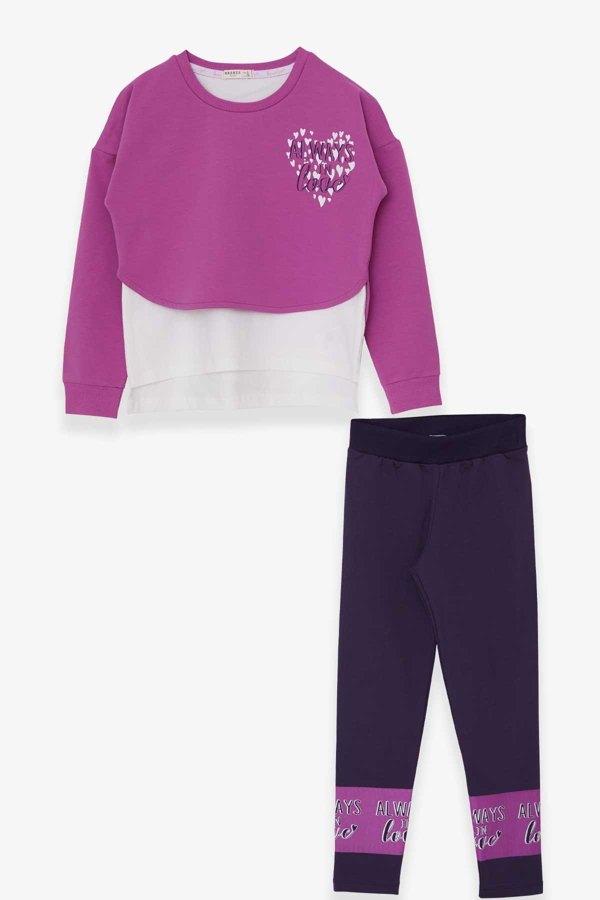 Breeze Kız Çocuk Taytlı Takım Kalp Baskılı Eflatun (8-12 Yaş)