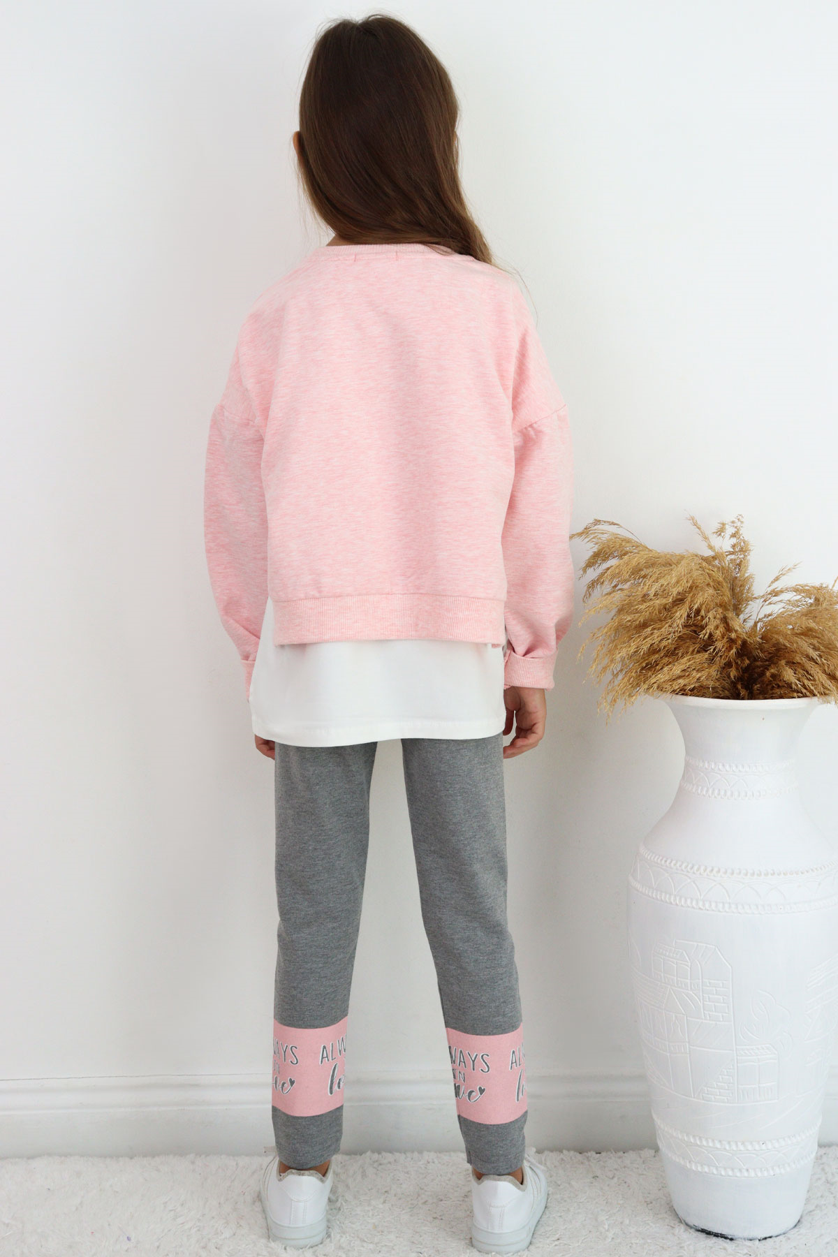Breeze Kız Çocuk Taytlı Takım Kalp Baskılı Somon Melanj (8-12 Yaş)